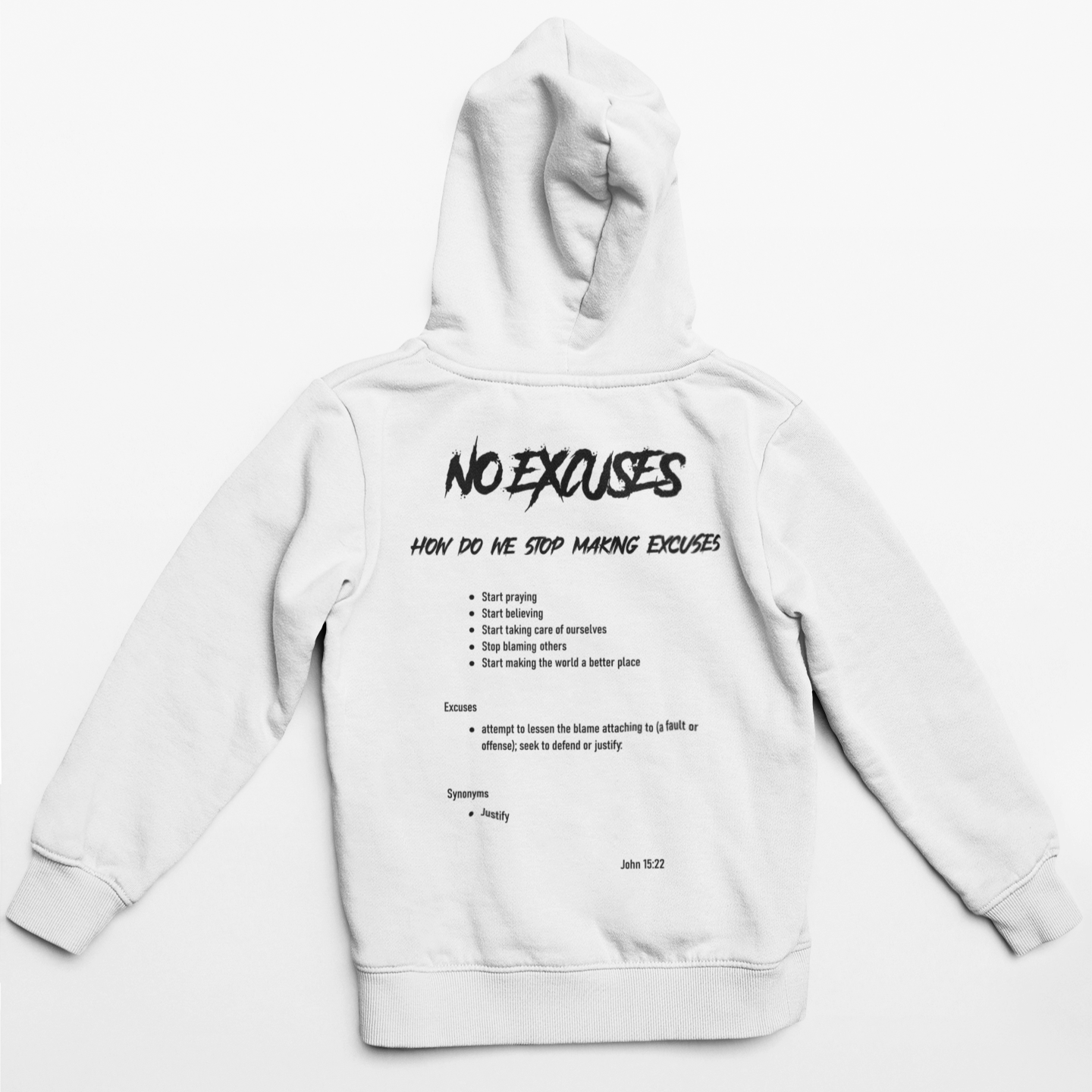 No Excuses Youth Hoodies White (BIG LOGO)