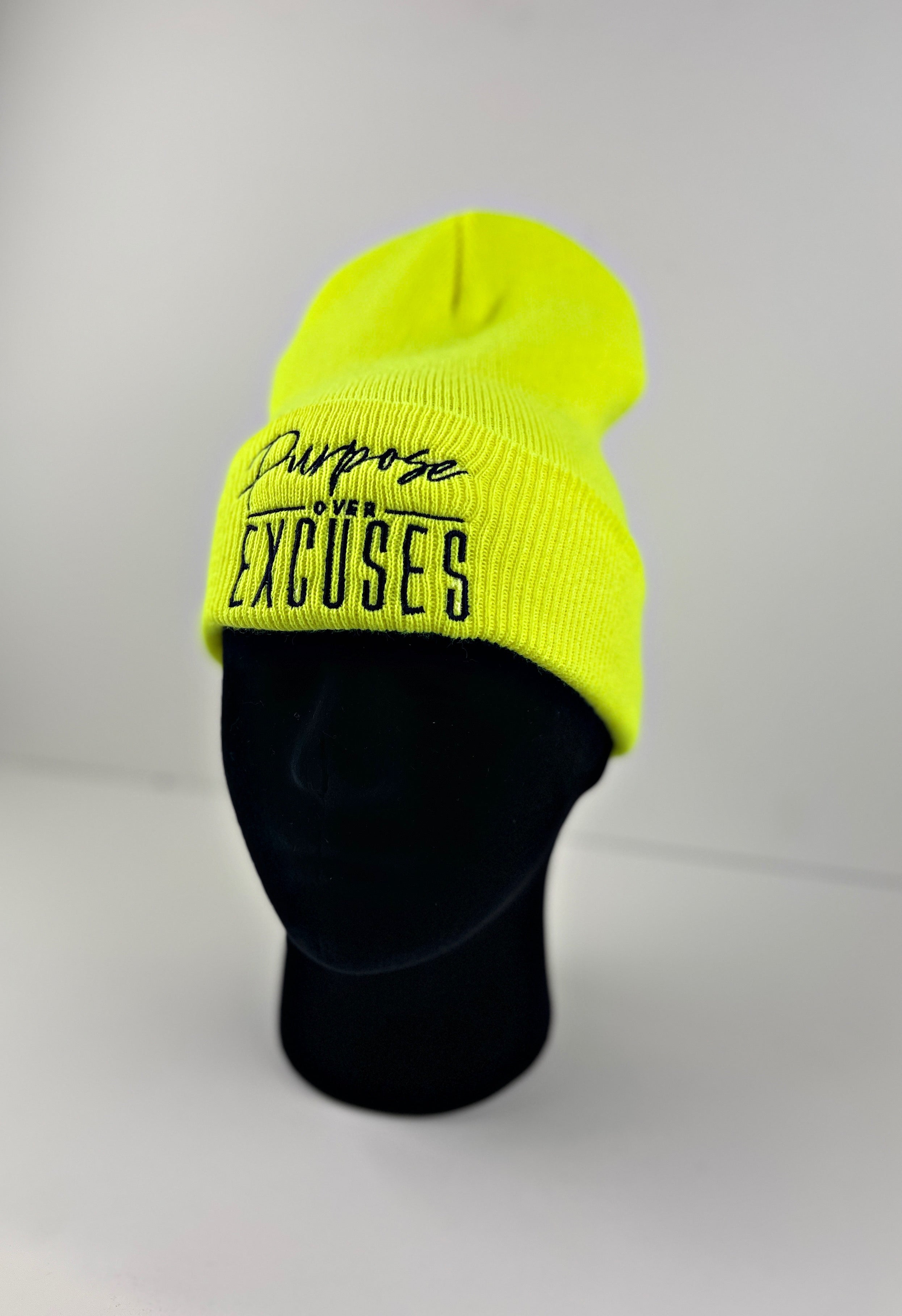 PURPOSE OVER EXCUSES WINTER BEANIE SAFETY YELLOW (EMBROIDERED)