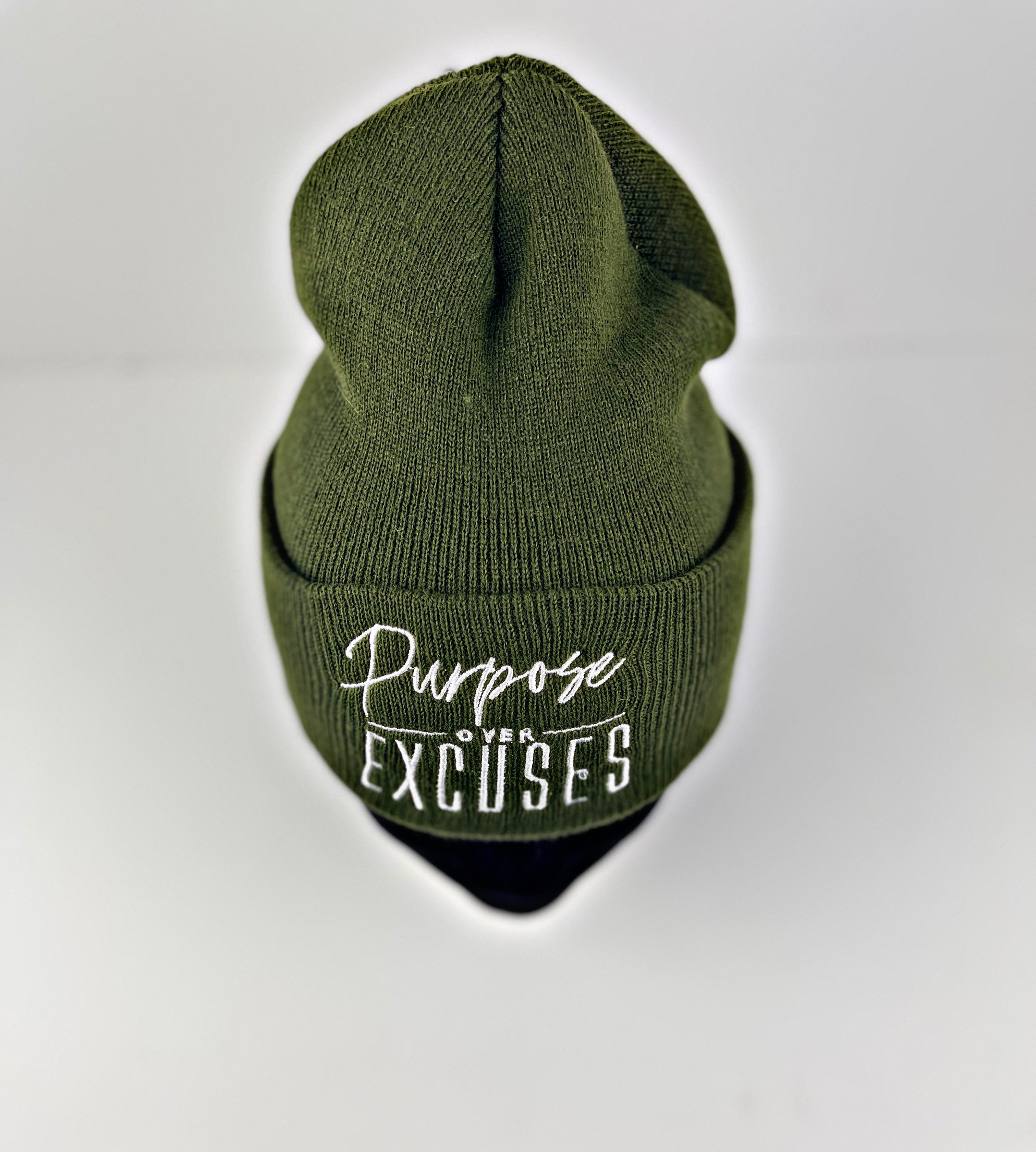 PURPOSE OVER EXCUSES WINTER BEANIE OLIVE GREEN (EMBROIDERED)