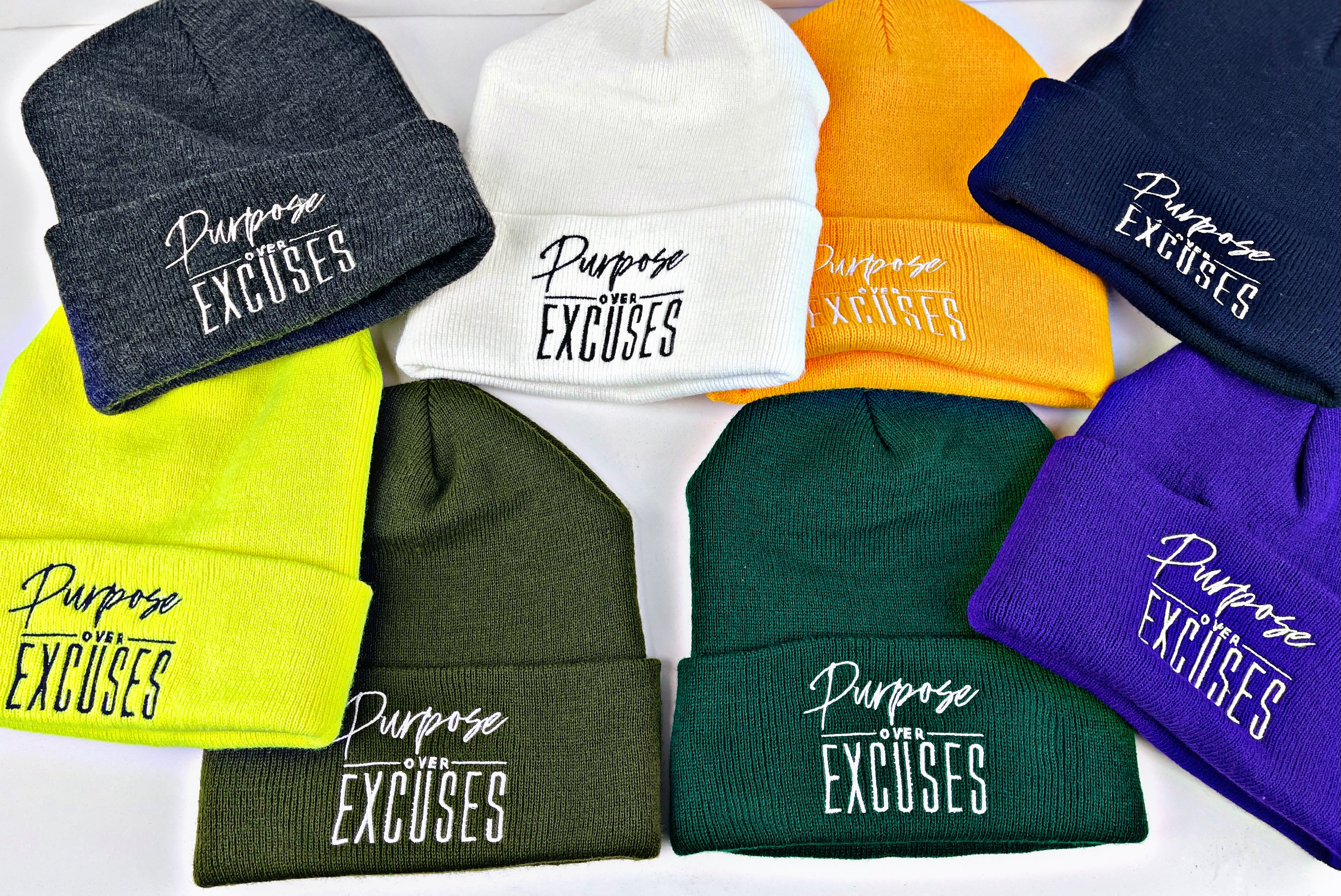 PURPOSE OVER EXCUSES WINTER BEANIE SPRUCE GREEN (EMBROIDERED)