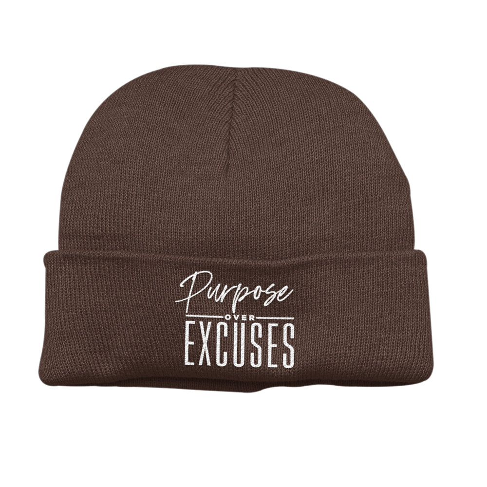 PURPOSE OVER EXCUSES WINTER BEANIE BROWN (EMBROIDERED)