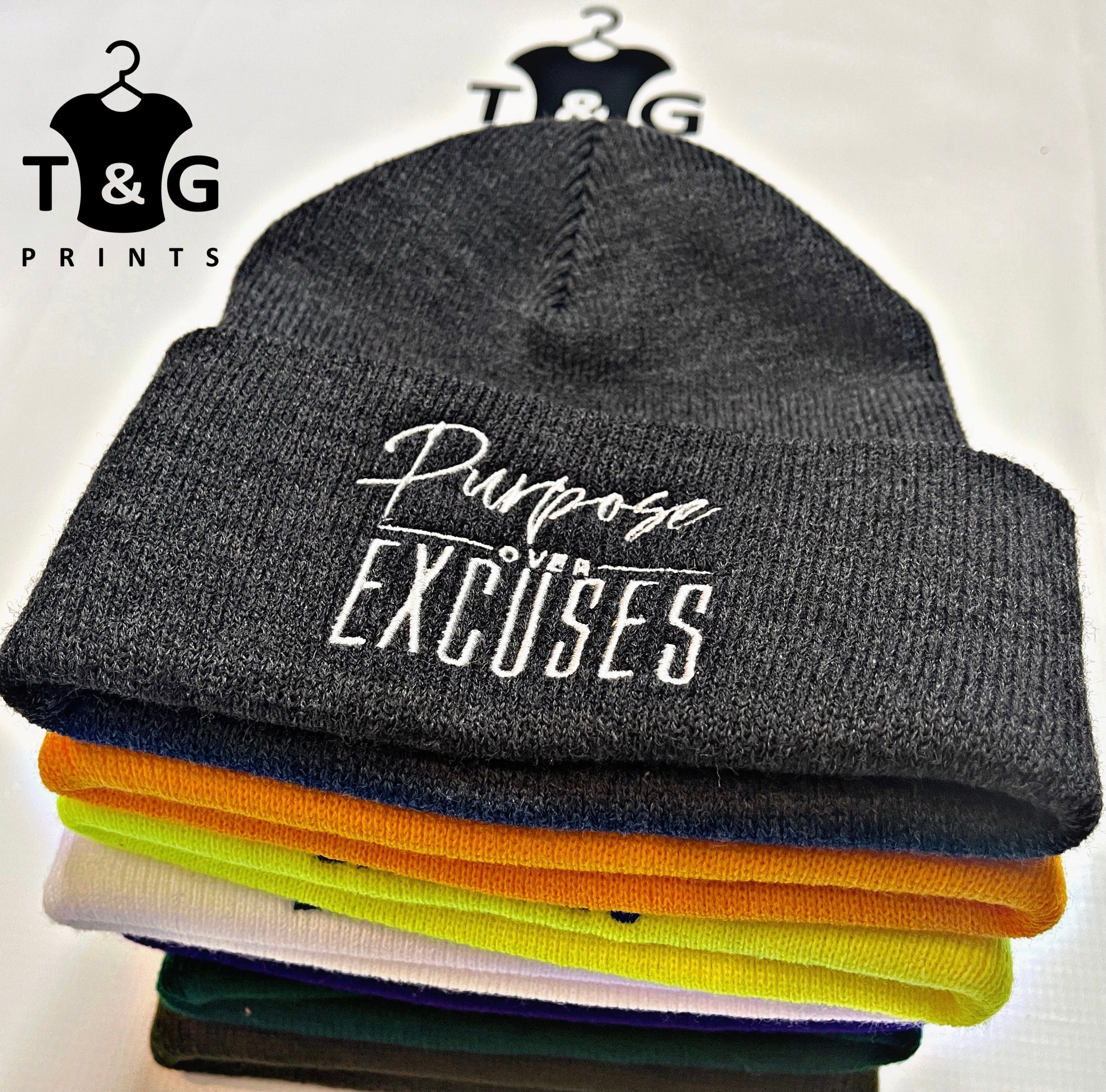 PURPOSE OVER EXCUSES WINTER BEANIE RED (EMBROIDERED)