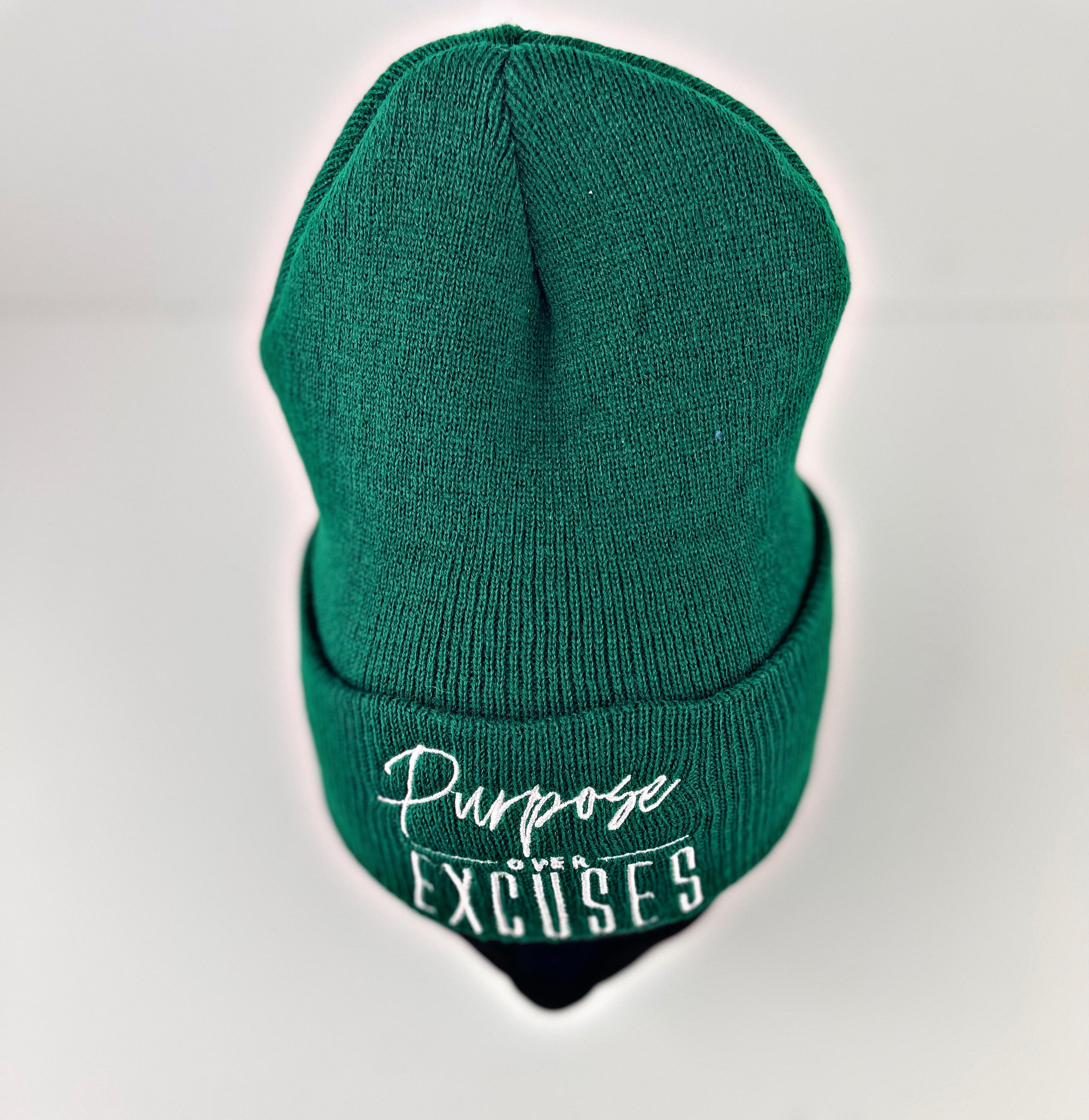 PURPOSE OVER EXCUSES WINTER BEANIE SPRUCE GREEN (EMBROIDERED)