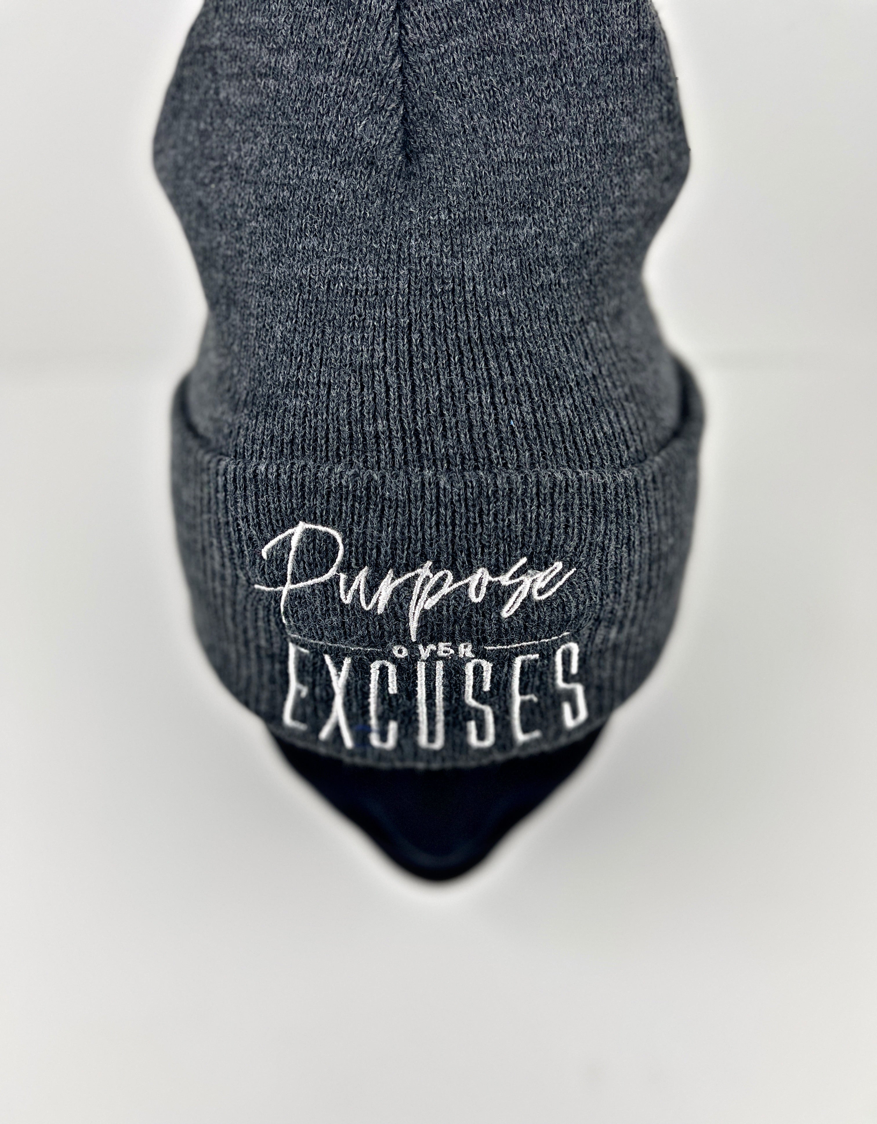 PURPOSE OVER EXCUSES WINTER BEANIE DARK GREY (EMBROIDERED)