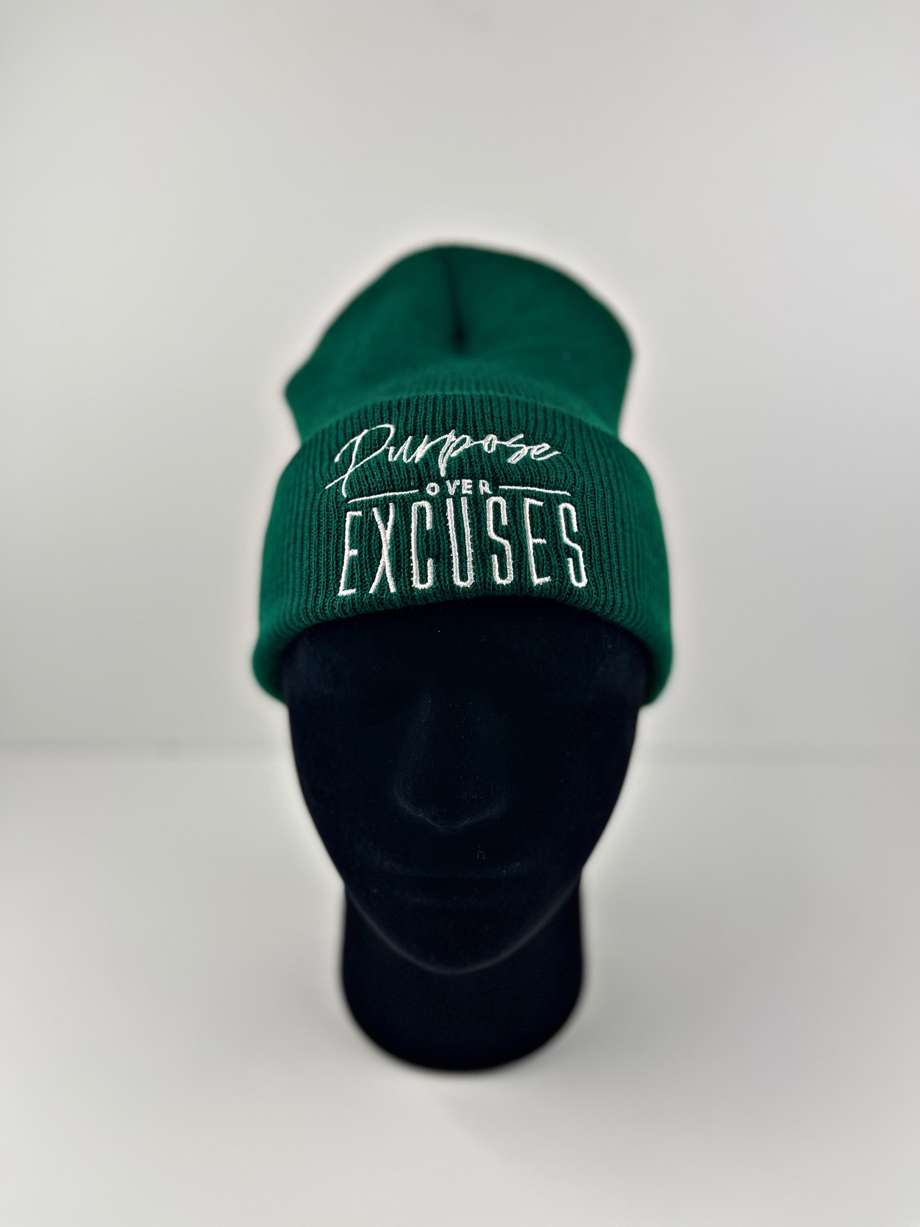 PURPOSE OVER EXCUSES WINTER BEANIE SPRUCE GREEN (EMBROIDERED)