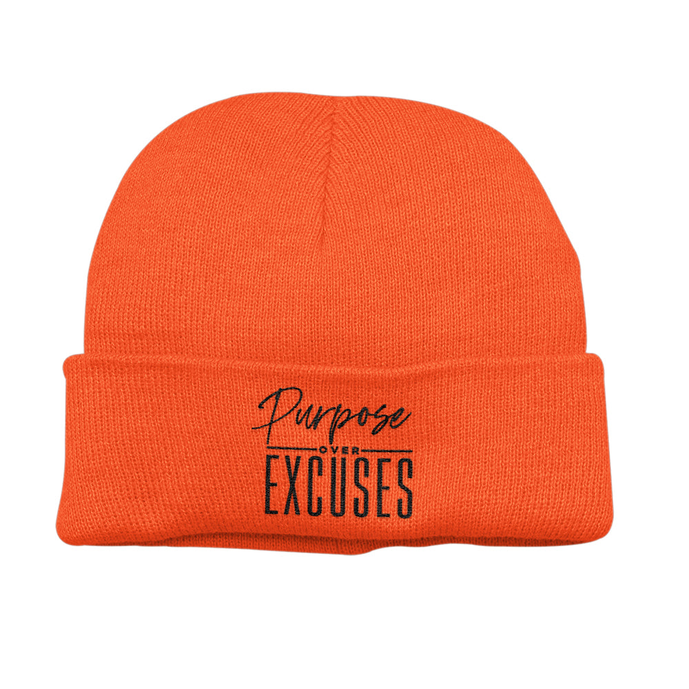 PURPOSE OVER EXCUSES WINTER BEANIE BLAZE ORANGE (EMBROIDERED)