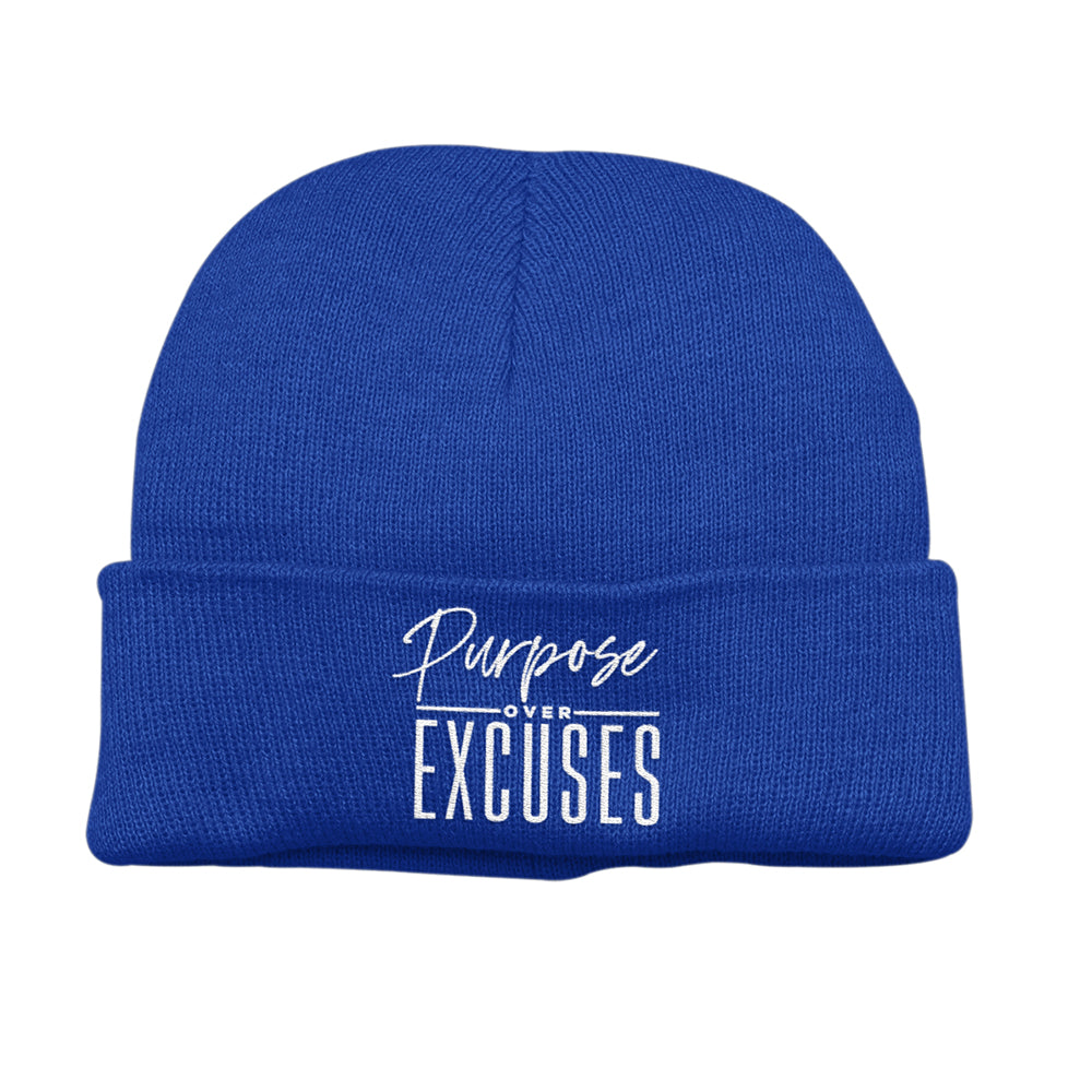 PURPOSE OVER EXCUSES WINTER BEANIE ROYAL BLUE (EMBROIDERED)