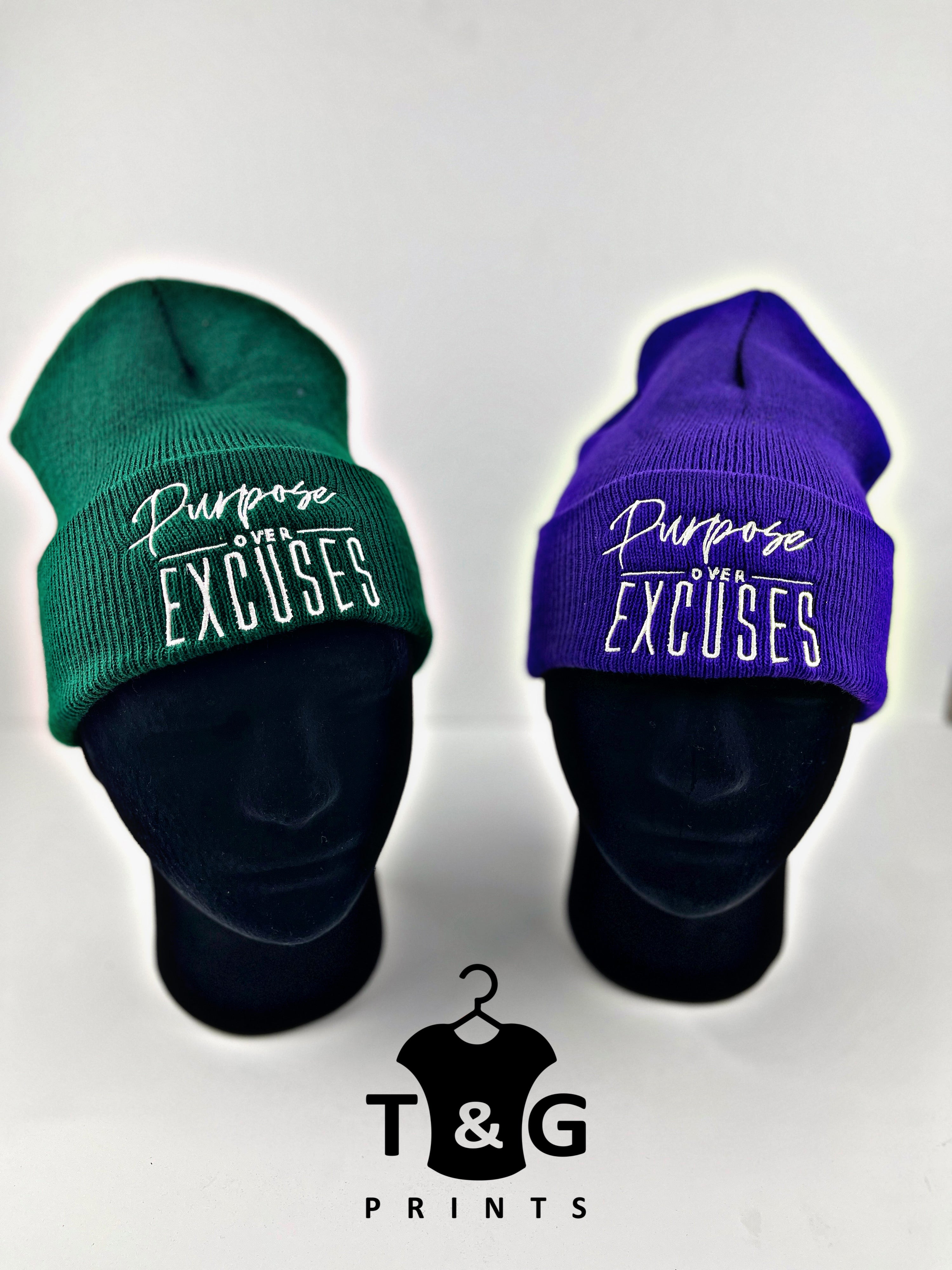 PURPOSE OVER EXCUSES WINTER BEANIE SPRUCE GREEN (EMBROIDERED)