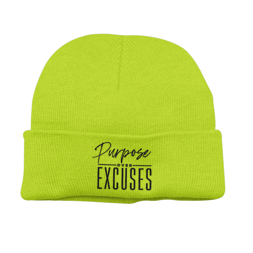 PURPOSE OVER EXCUSES WINTER BEANIE SAFETY GREEN (EMBROIDERED)