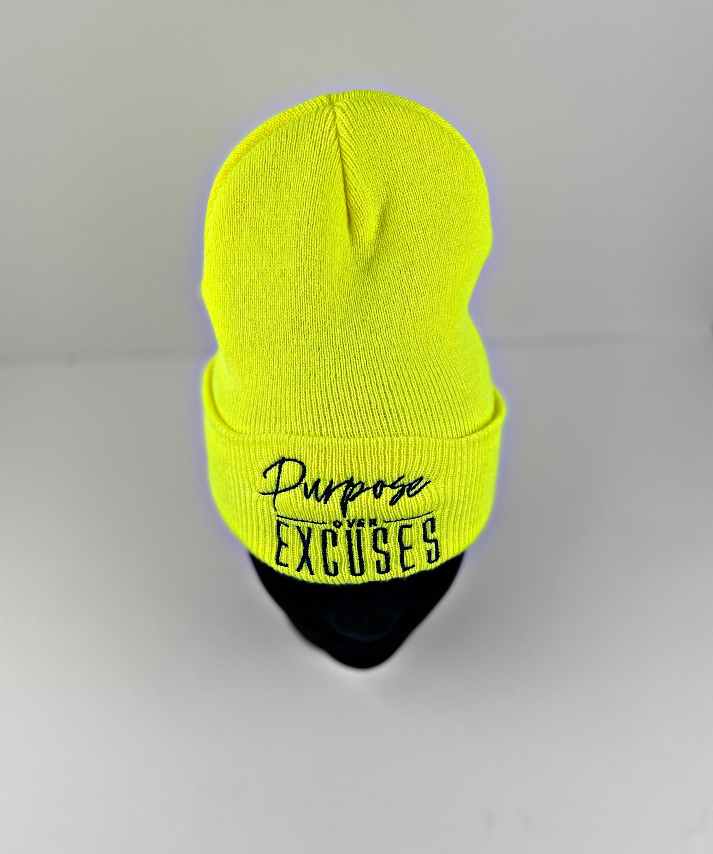 PURPOSE OVER EXCUSES WINTER BEANIE SAFETY YELLOW (EMBROIDERED)