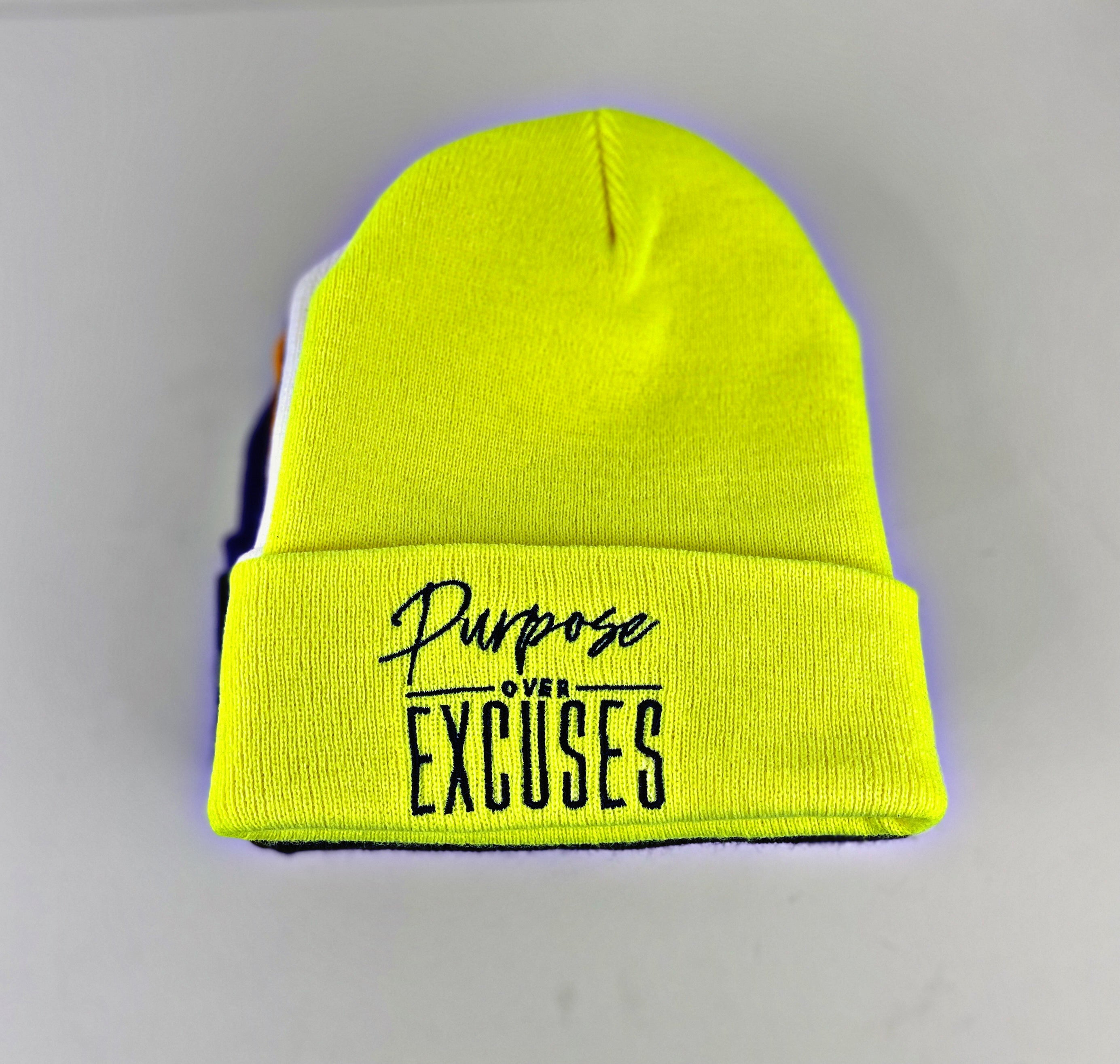 PURPOSE OVER EXCUSES WINTER BEANIE SAFETY YELLOW (EMBROIDERED)