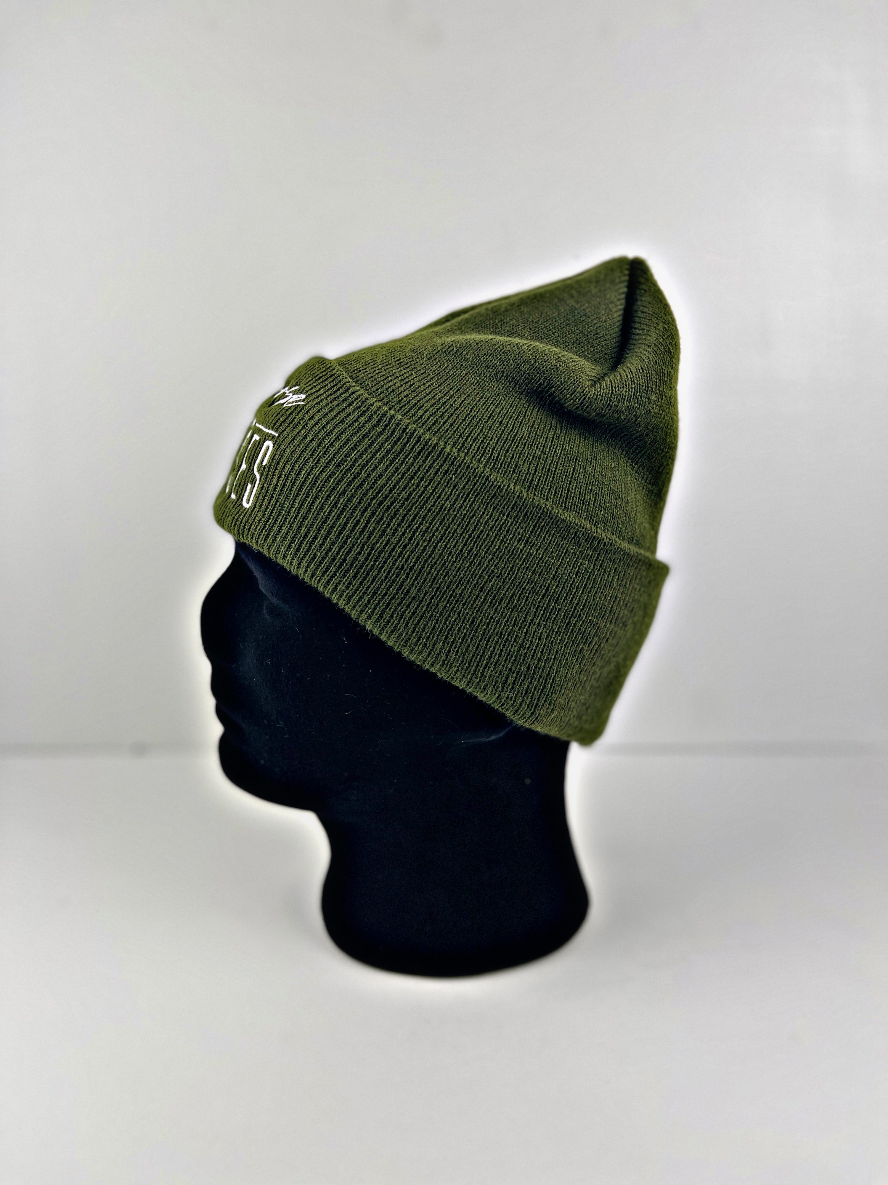 PURPOSE OVER EXCUSES WINTER BEANIE OLIVE GREEN (EMBROIDERED)