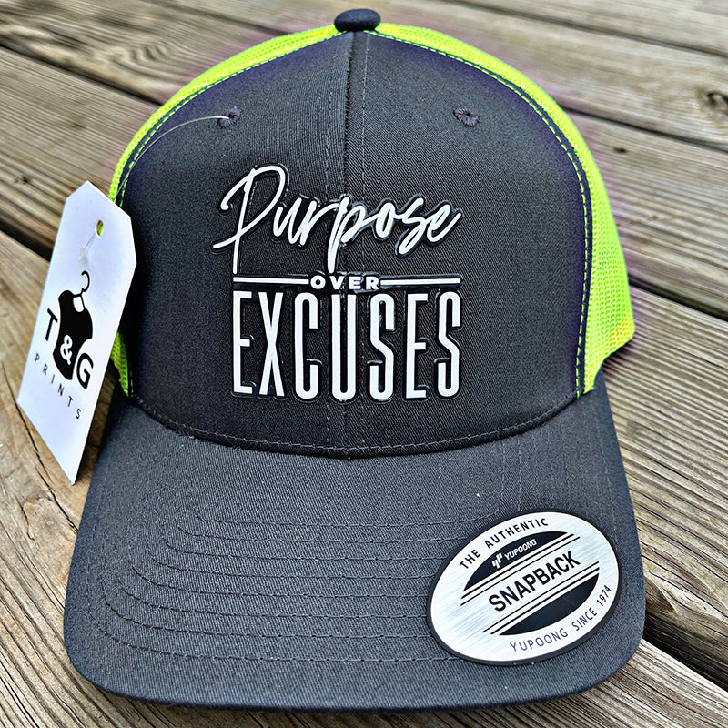 PURPOSE OVER EXCUSES TRUCKER HAT NEON GREEN