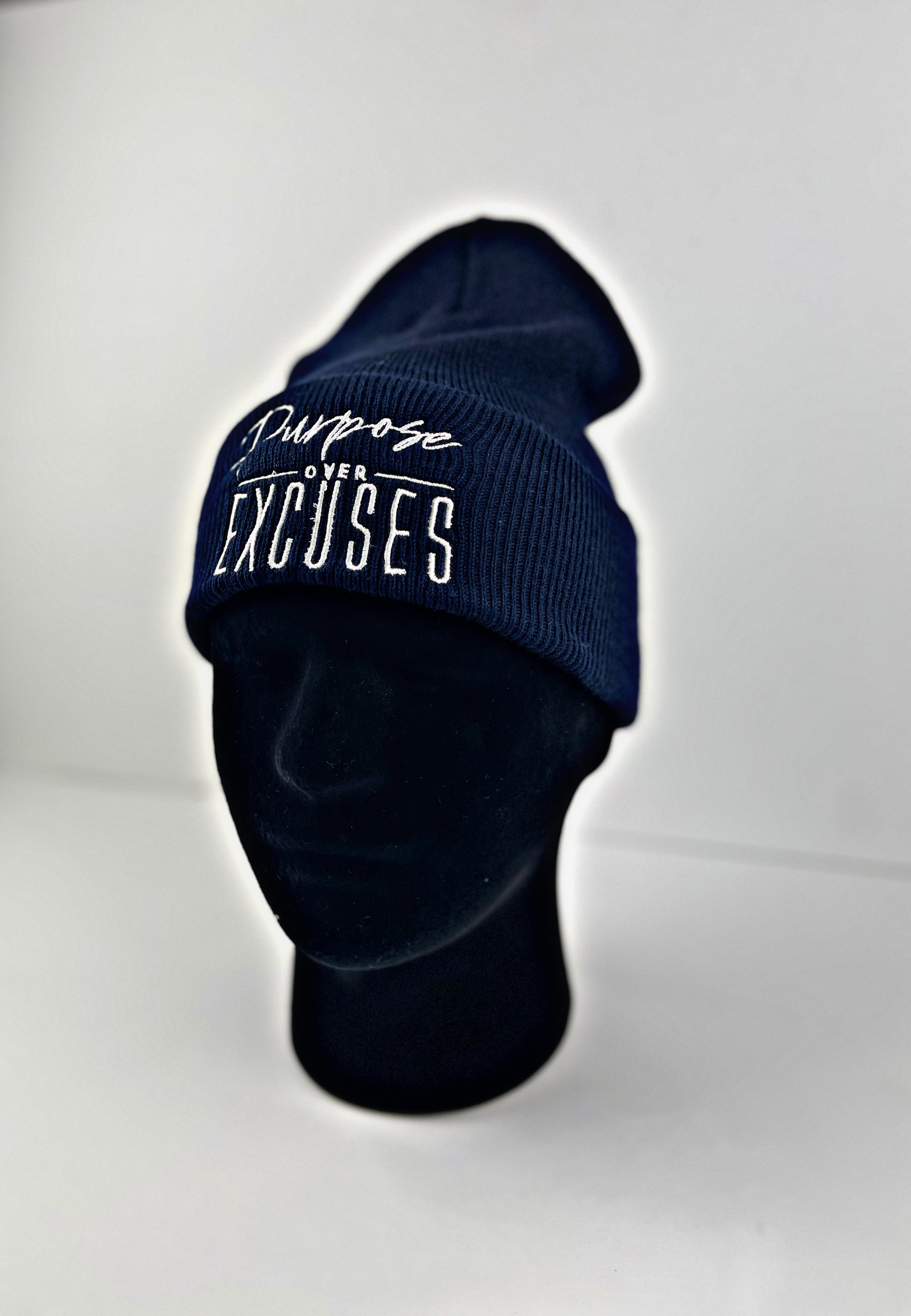 PURPOSE OVER EXCUSES WINTER BEANIE NAVY BLUE (EMBROIDERED)