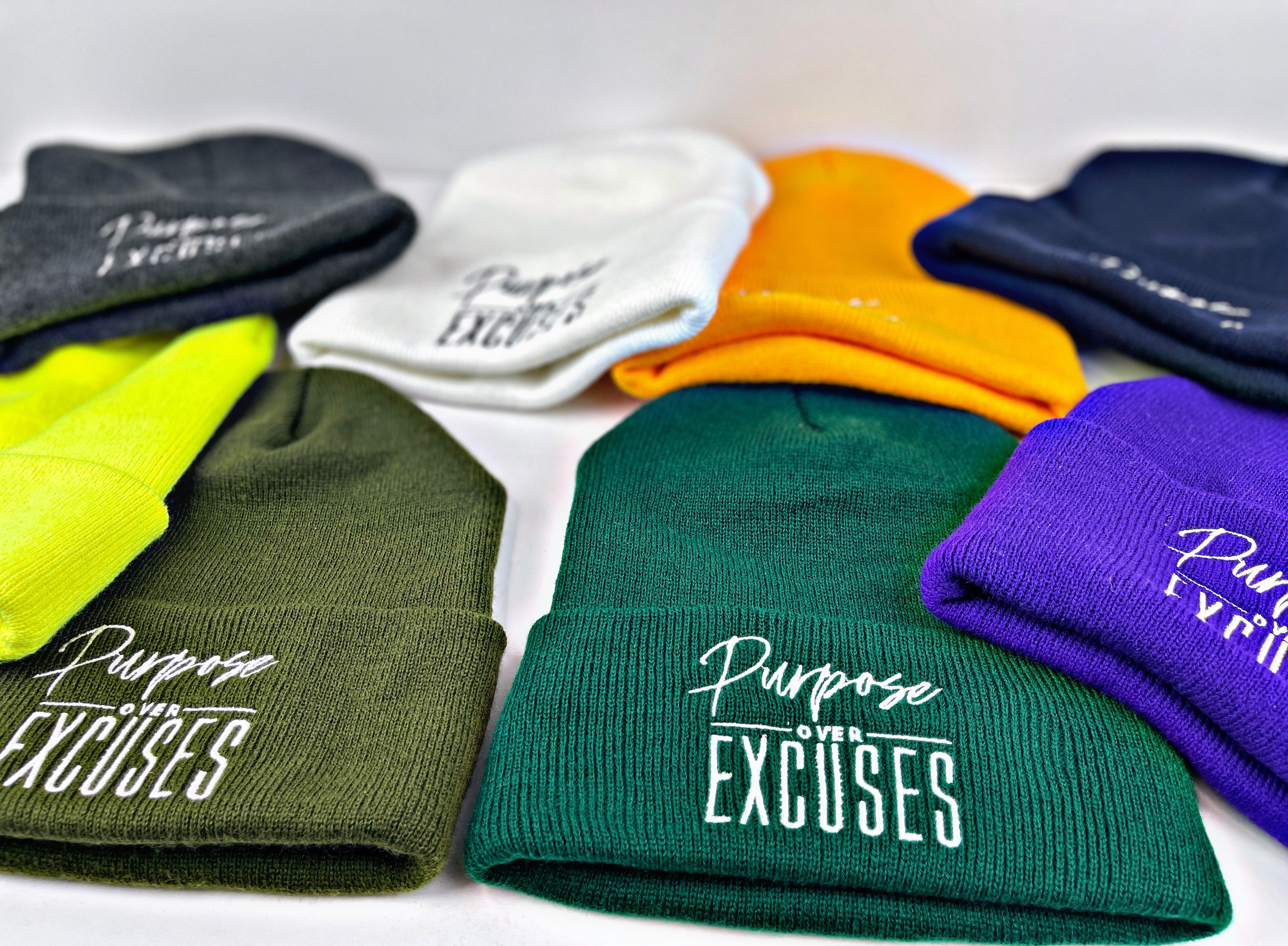 PURPOSE OVER EXCUSES WINTER BEANIE SPRUCE GREEN (EMBROIDERED)