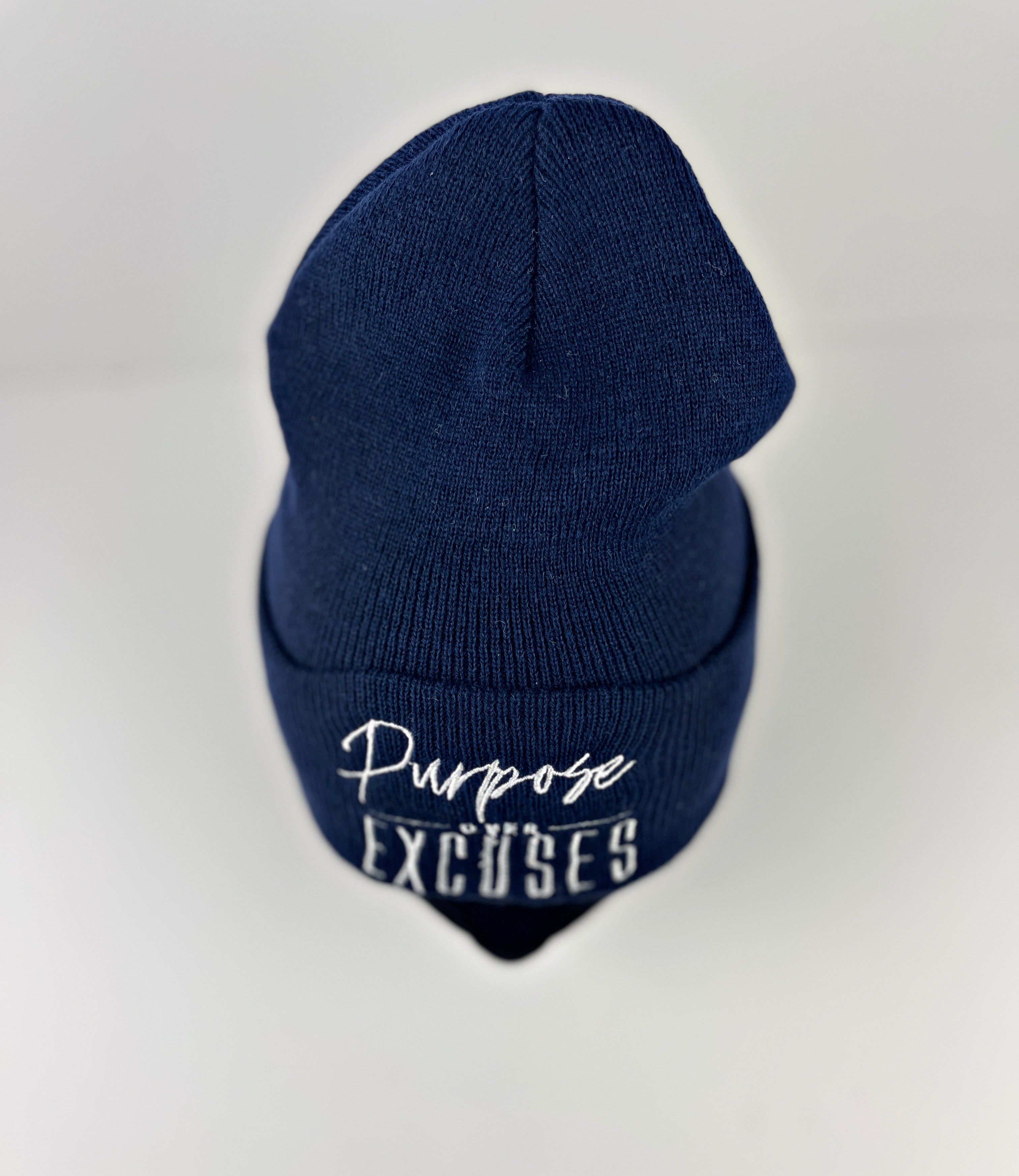 PURPOSE OVER EXCUSES WINTER BEANIE NAVY BLUE (EMBROIDERED)