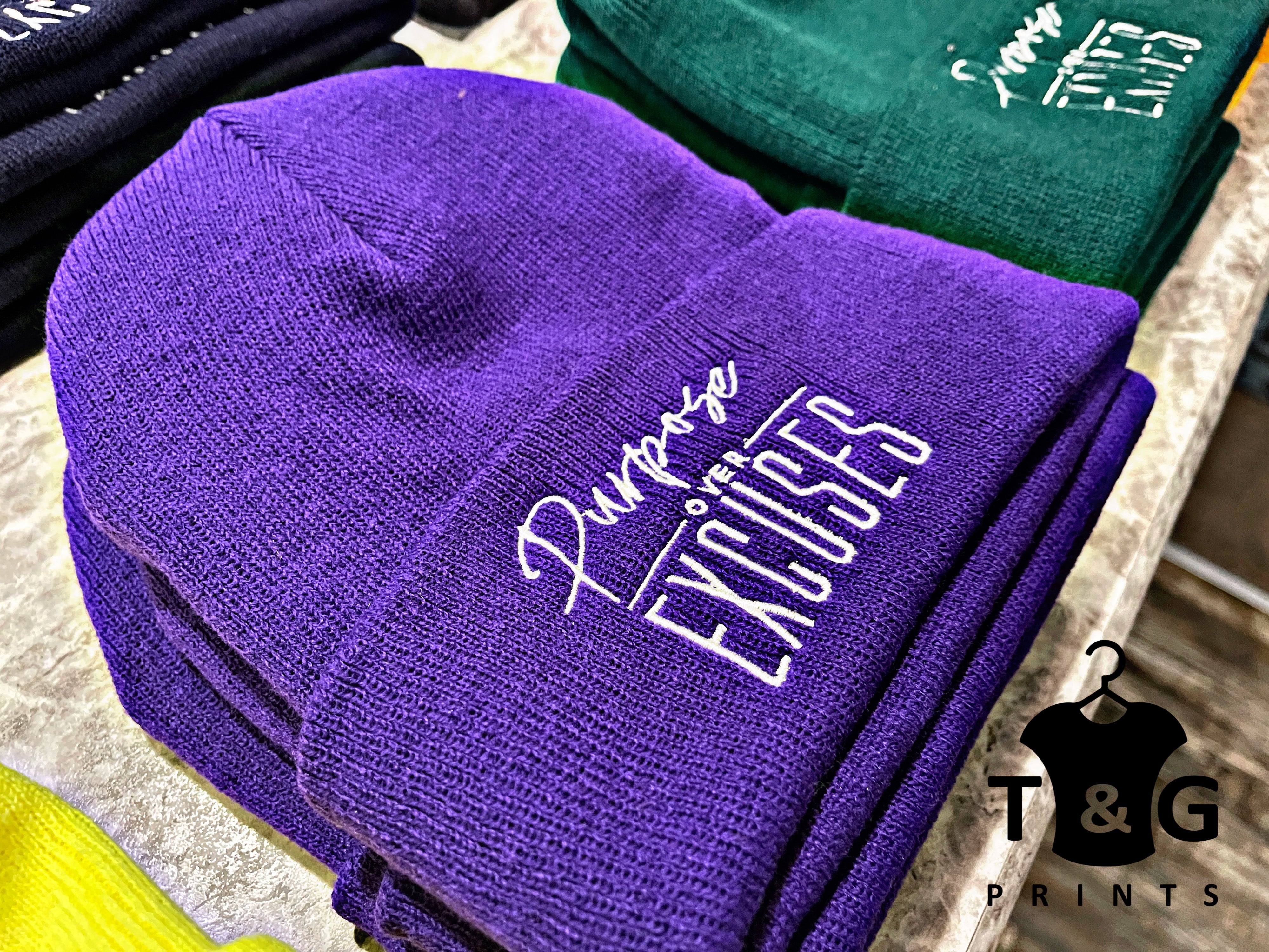 PURPOSE OVER EXCUSES WINTER BEANIE SPRUCE GREEN (EMBROIDERED)