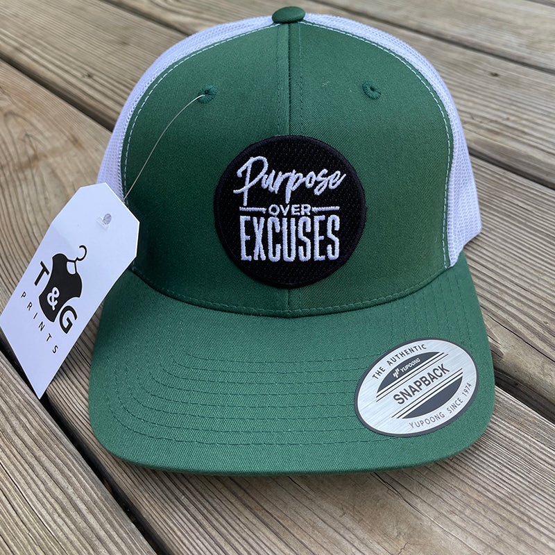 PURPOSE OVER EXCUSES TRUCKER HAT EVERGREEN / WHITE
