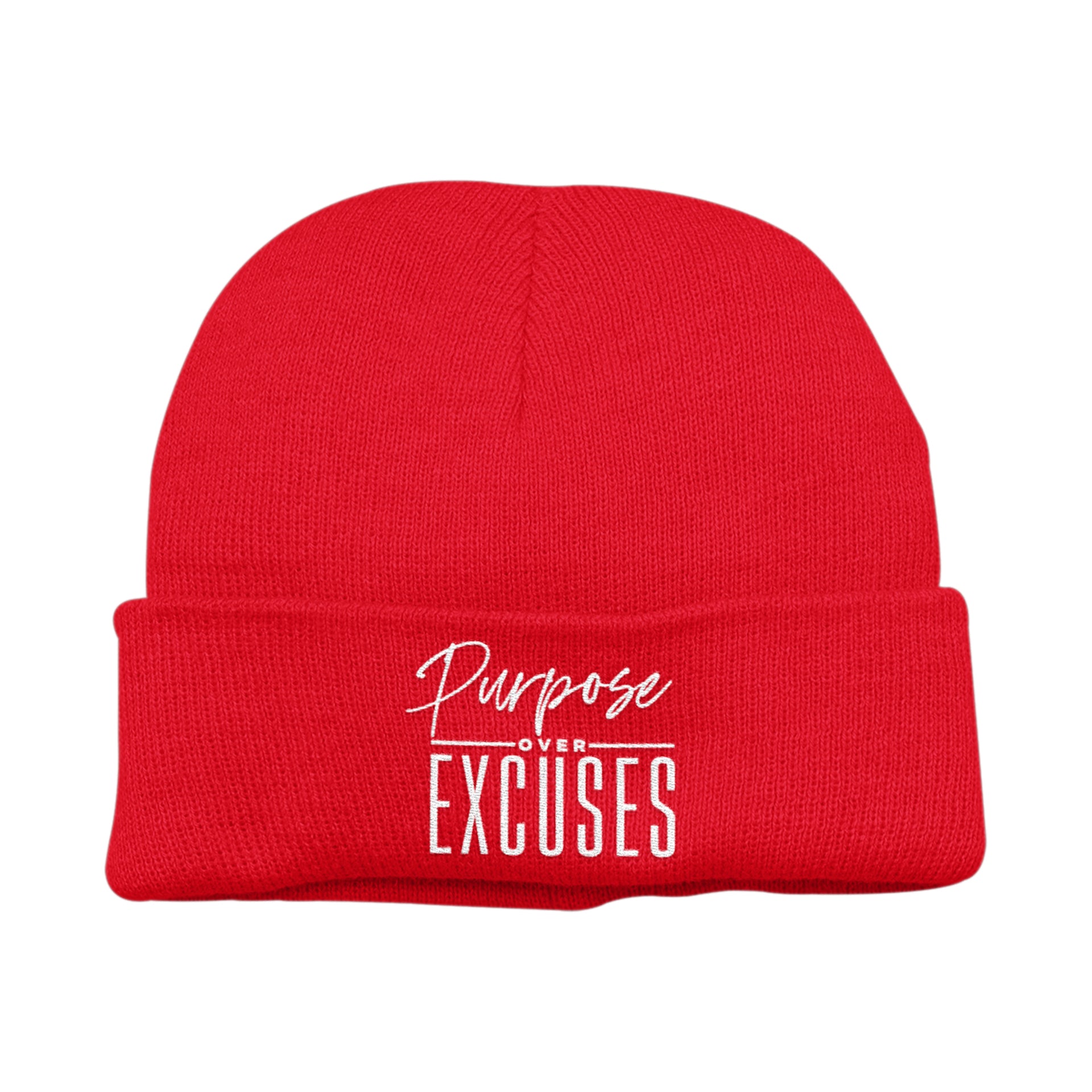 PURPOSE OVER EXCUSES WINTER BEANIE RED (EMBROIDERED)