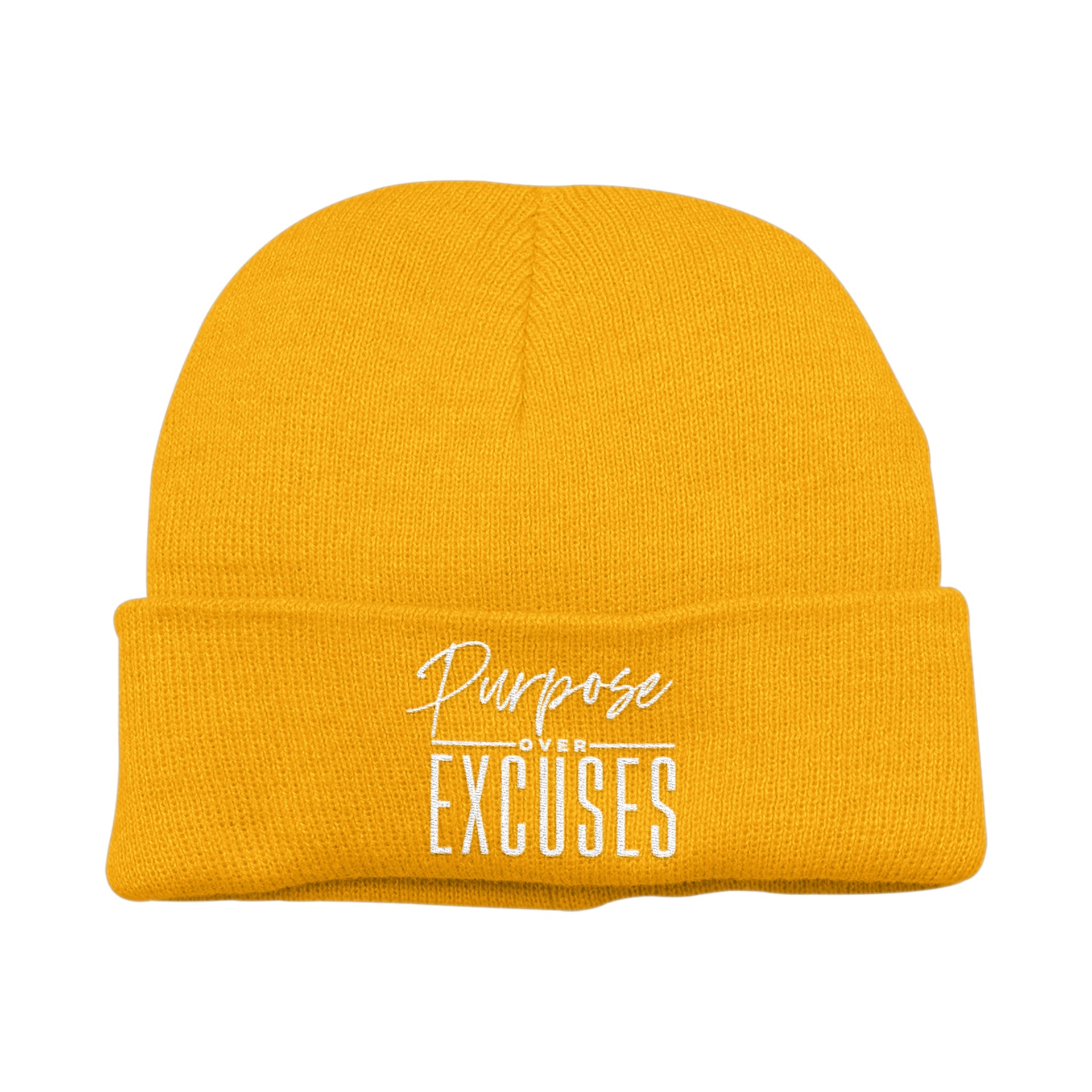 PURPOSE OVER EXCUSES WINTER BEANIE GOLD (EMBROIDERED)