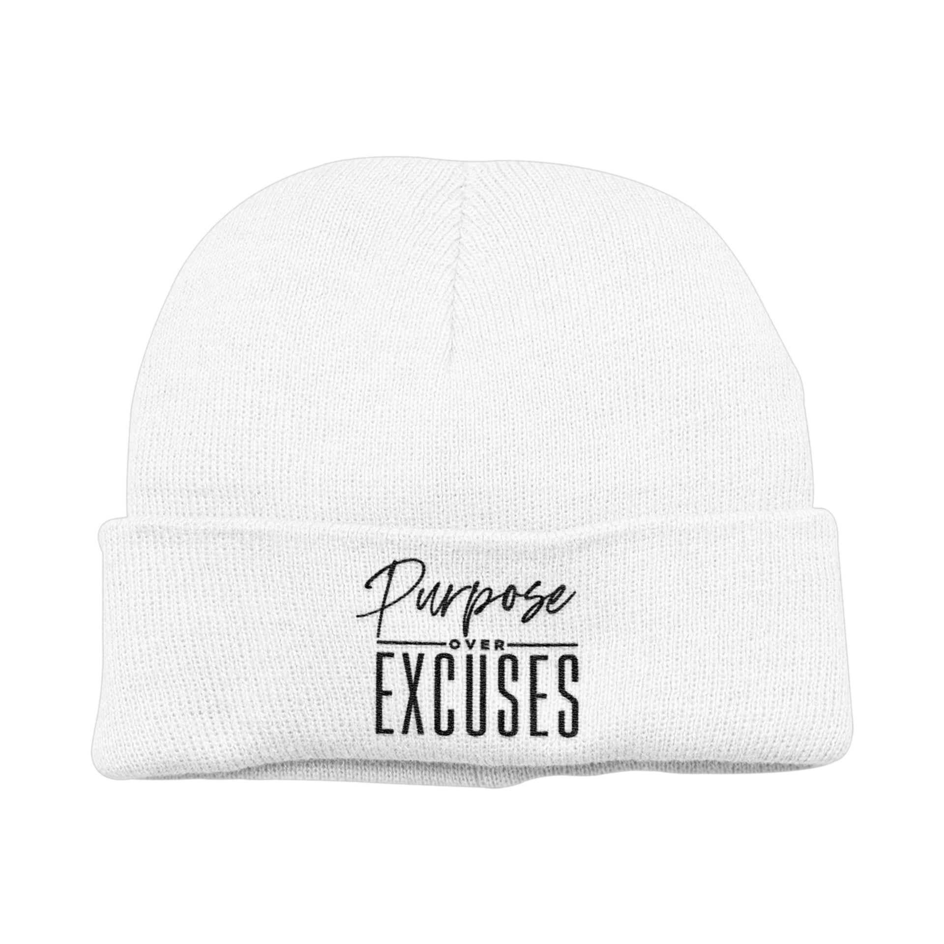 PURPOSE OVER EXCUSES WINTER BEANIE WHITE (EMBROIDERED)