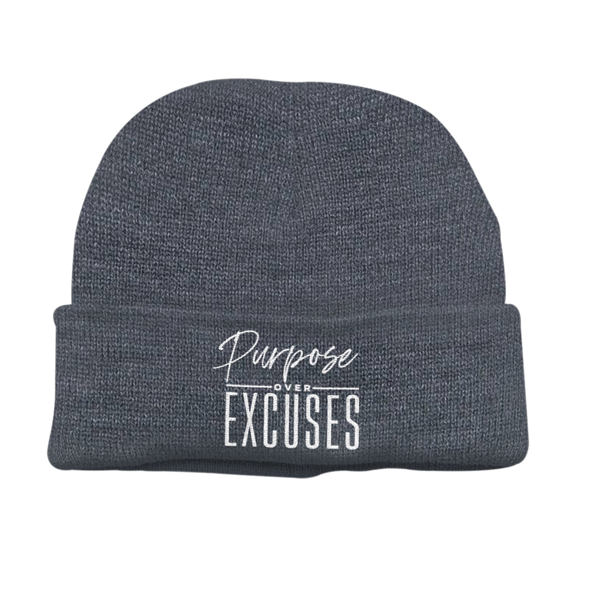 PURPOSE OVER EXCUSES WINTER BEANIE DARK GREY (EMBROIDERED)