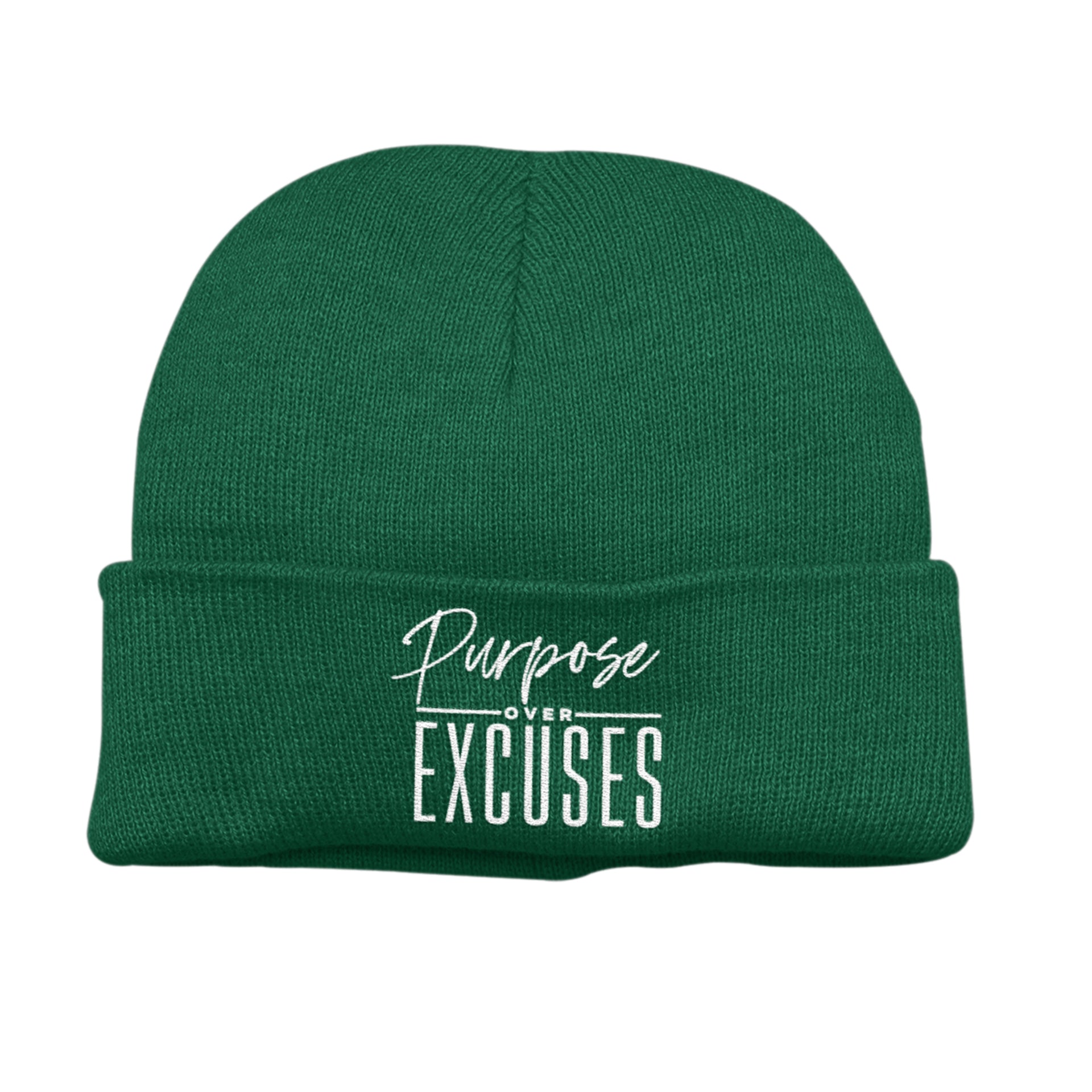 PURPOSE OVER EXCUSES WINTER BEANIE SPRUCE GREEN (EMBROIDERED)