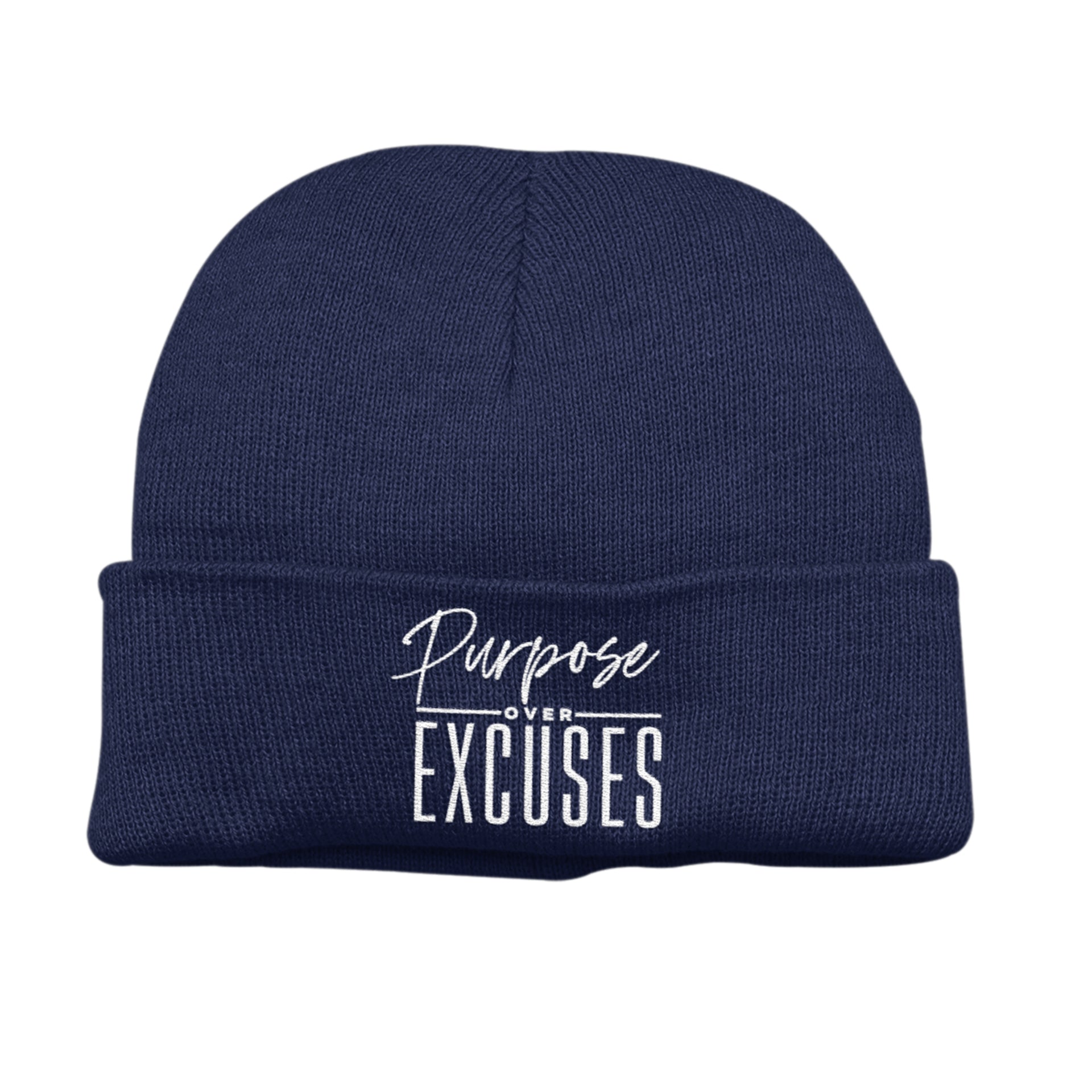 PURPOSE OVER EXCUSES WINTER BEANIE NAVY BLUE (EMBROIDERED)