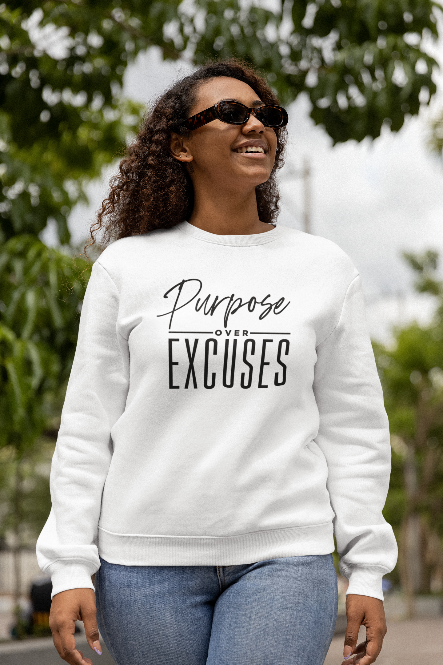 PURPOSE OVER EXCUSES ADULT SWEATSHIRT WHITE