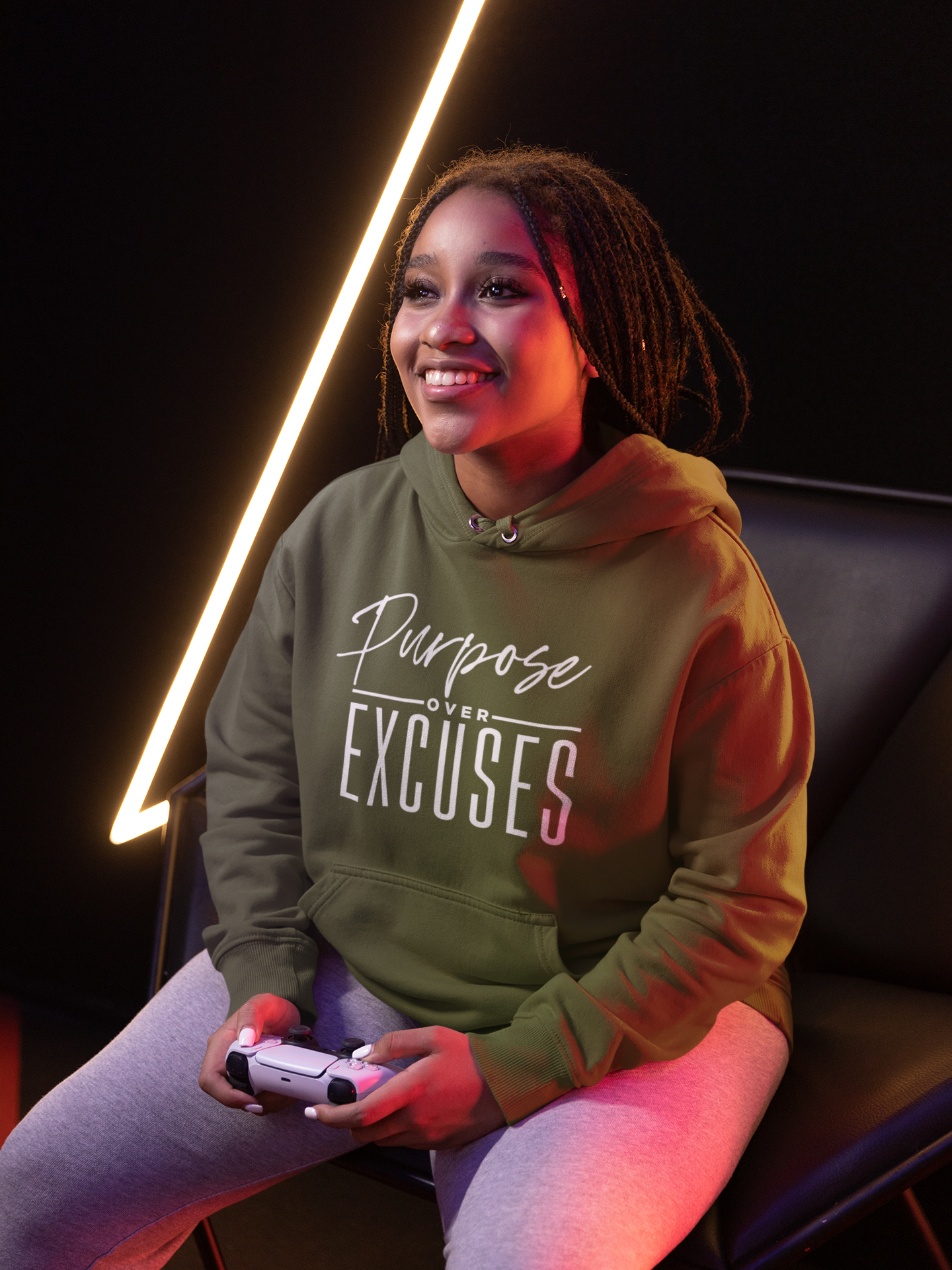 PURPOSE OVER EXCUSES ADULT HOODIE MILITARY GREEN