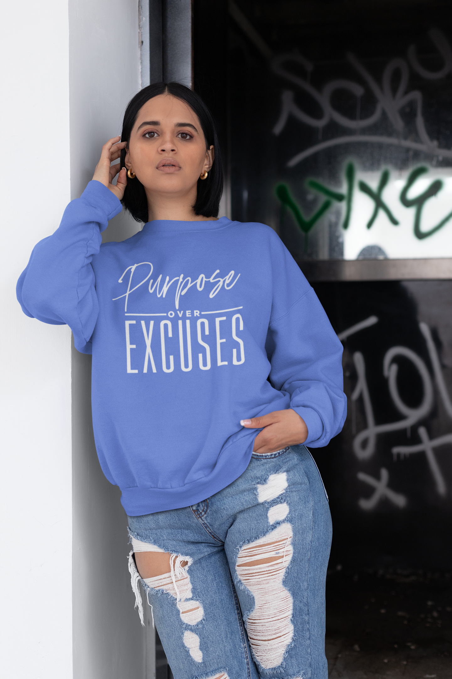 PURPOSE OVER EXCUSES ADULT SWEATSHIRT CAROLINA BLUE