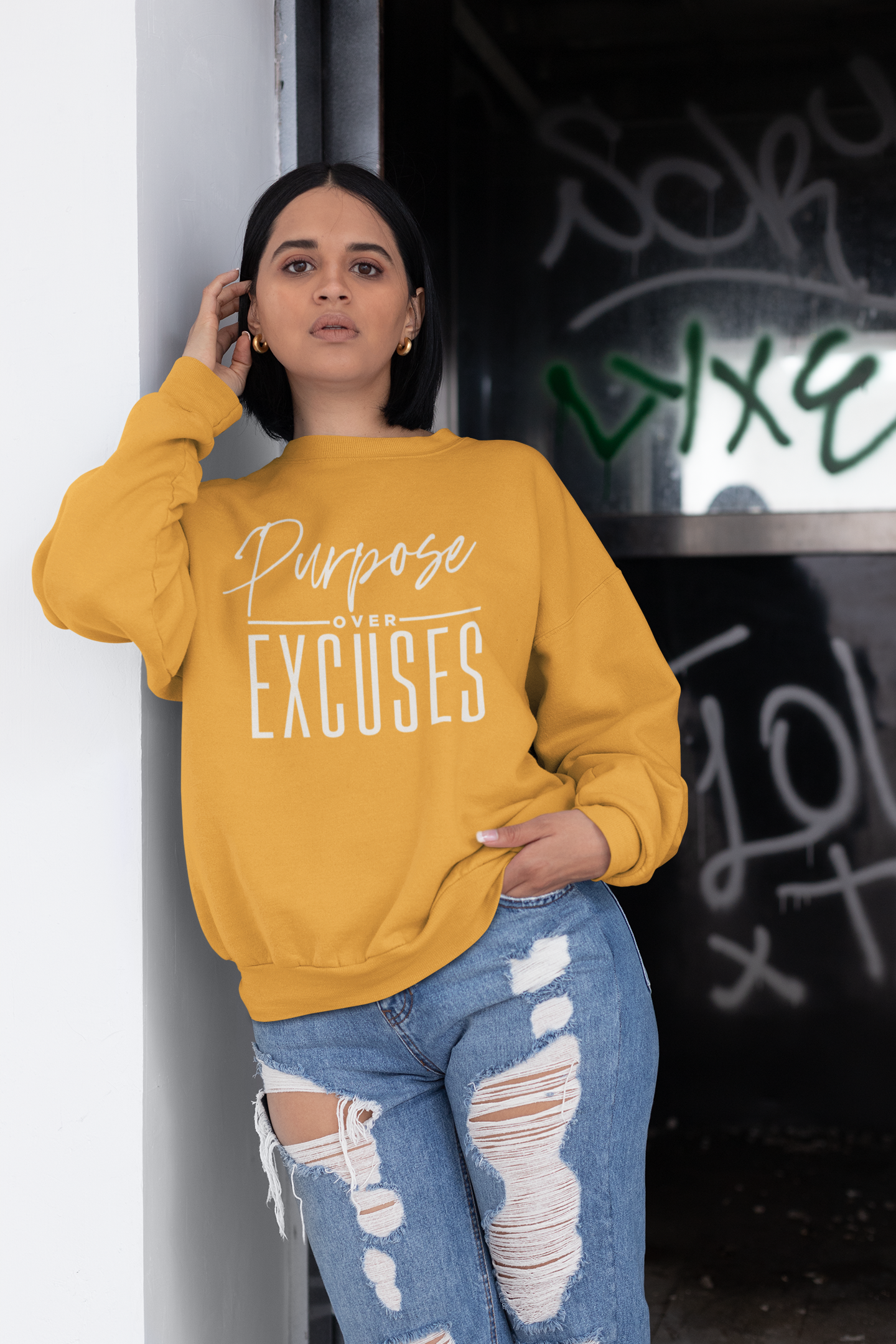 PURPOSE OVER EXCUSES ADULT SWEATSHIRT GOLD