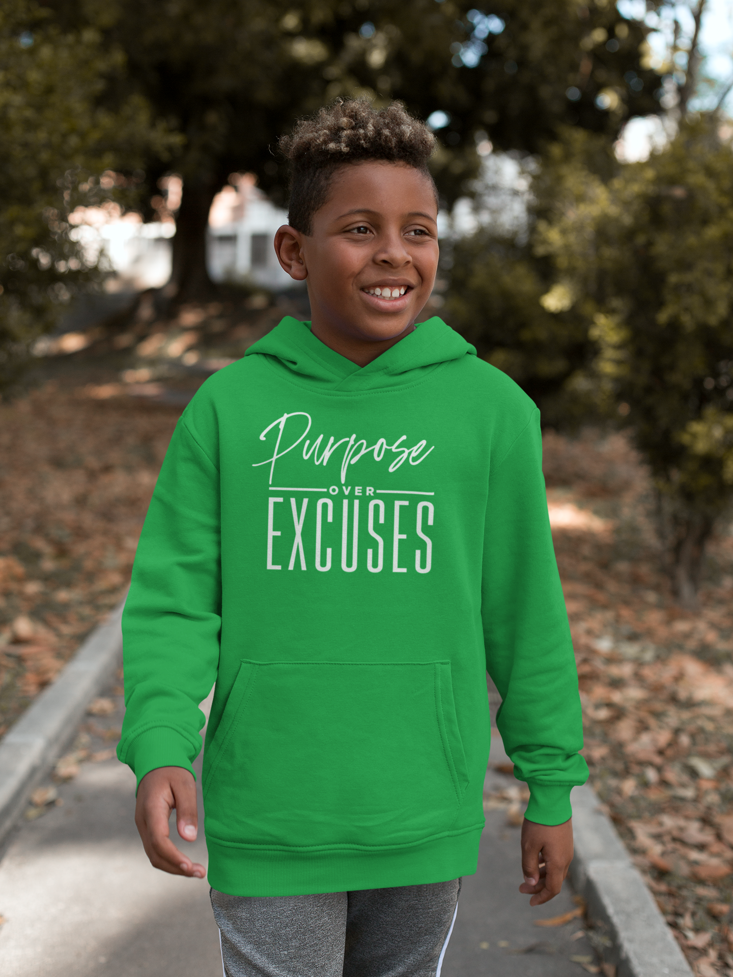 PURPOSE OVER EXCUSES YOUTH HOODIE IRISH GREEN