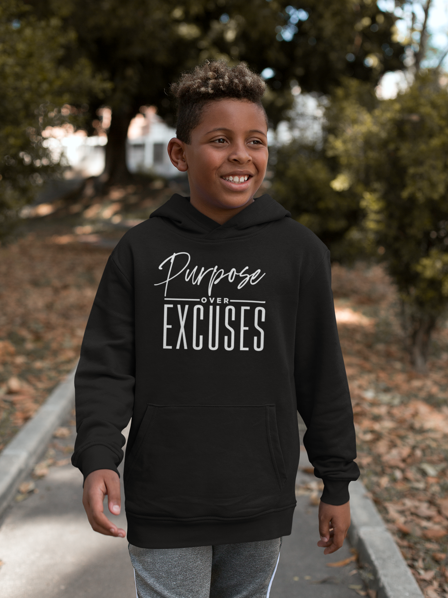 PURPOSE OVER EXCUSES YOUTH HOODIE BLACK