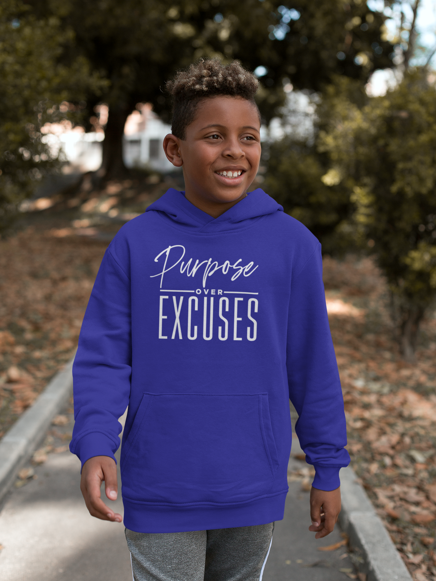 PURPOSE OVER EXCUSES YOUTH HOODIE ROYAL BLUE
