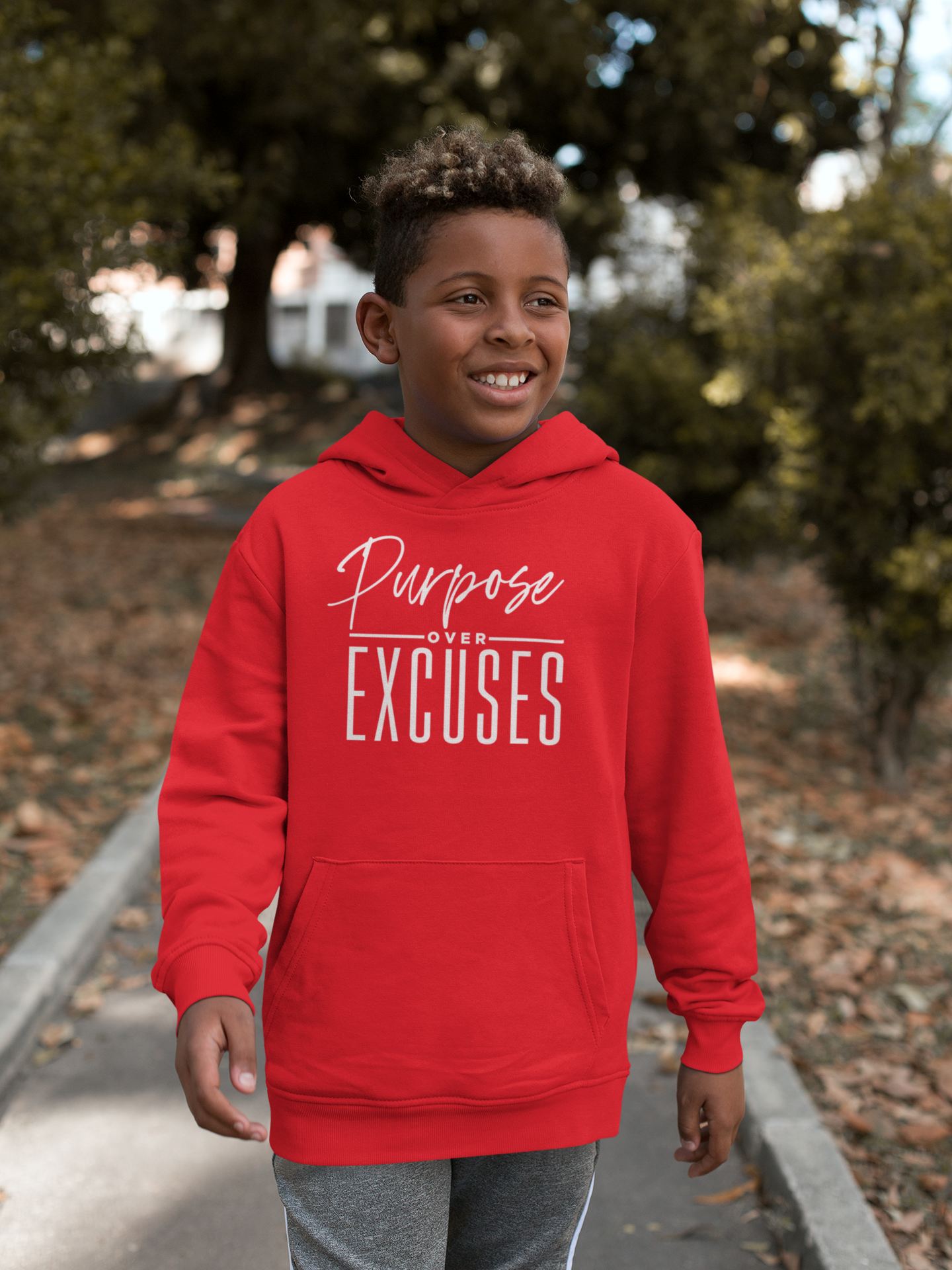 PURPOSE OVER EXCUSES YOUTH HOODIE RED