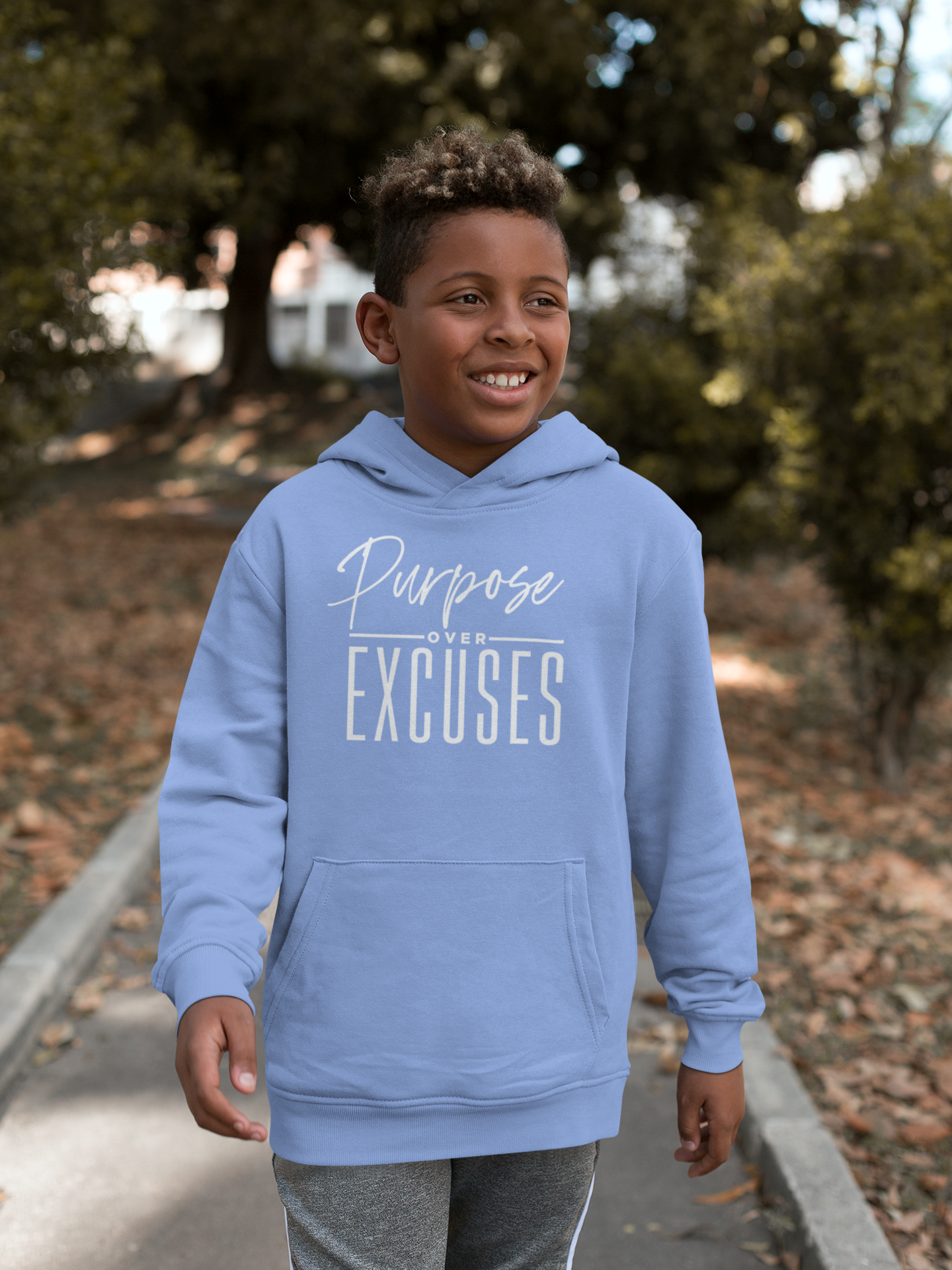PURPOSE OVER EXCUSES YOUTH HOODIE CAROLINA BLUE