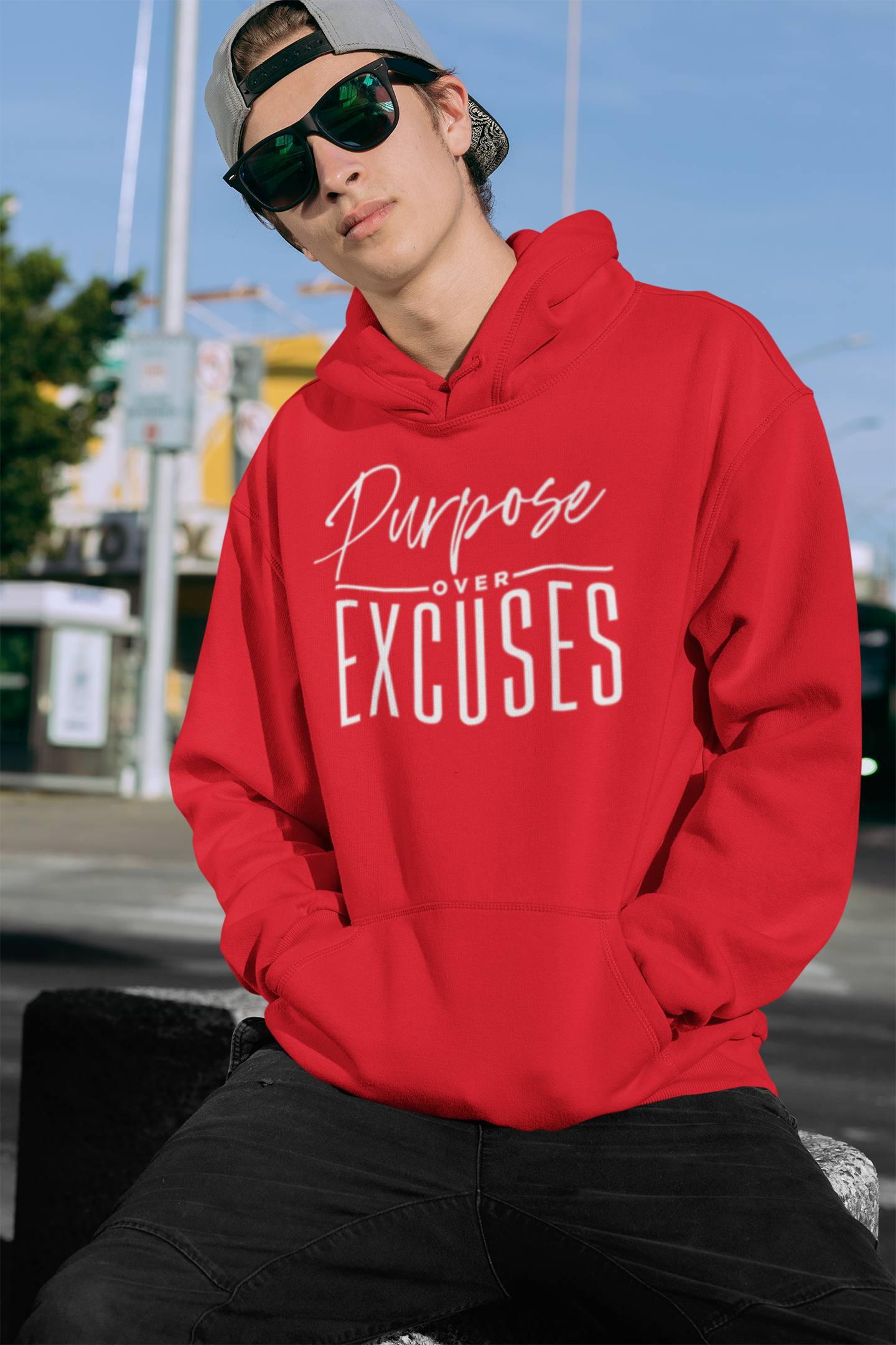 PURPOSE OVER EXCUSES ADULT HOODIE RED