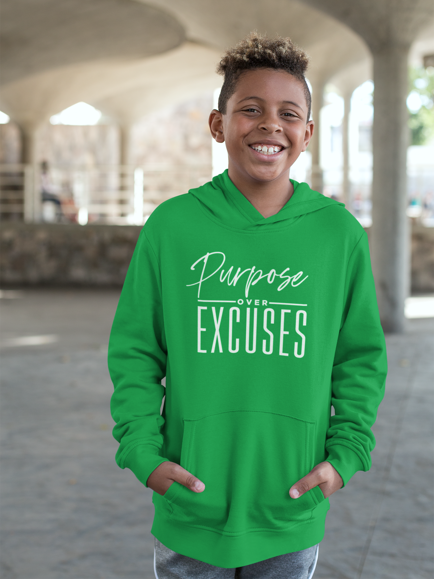 PURPOSE OVER EXCUSES YOUTH HOODIE IRISH GREEN