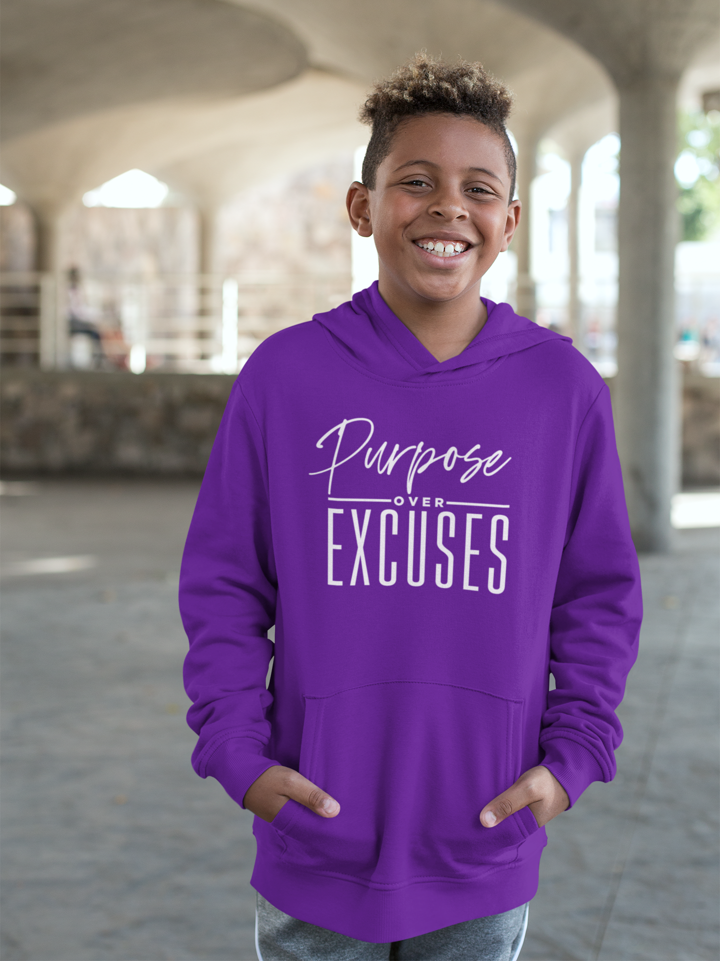 PURPOSE OVER EXCUSES YOUTH HOODIE PURPLE
