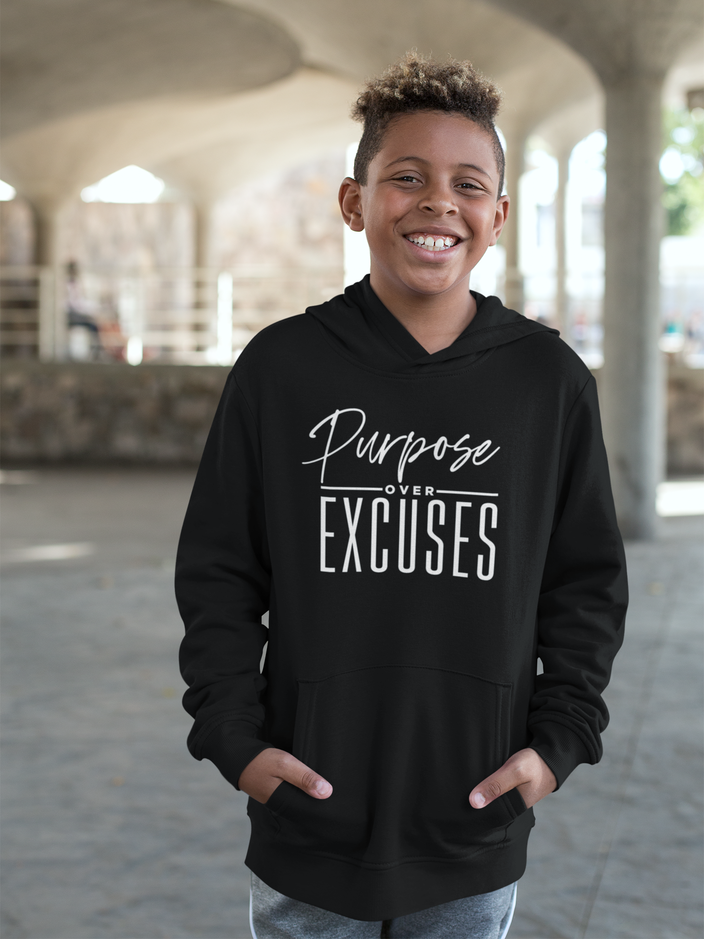 PURPOSE OVER EXCUSES YOUTH HOODIE BLACK