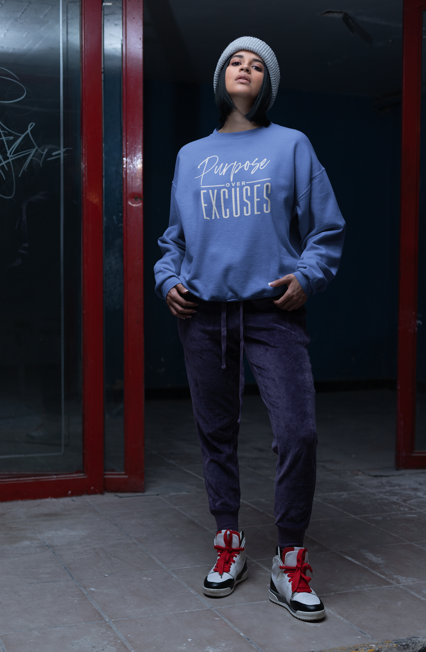 PURPOSE OVER EXCUSES ADULT SWEATSHIRT CAROLINA BLUE