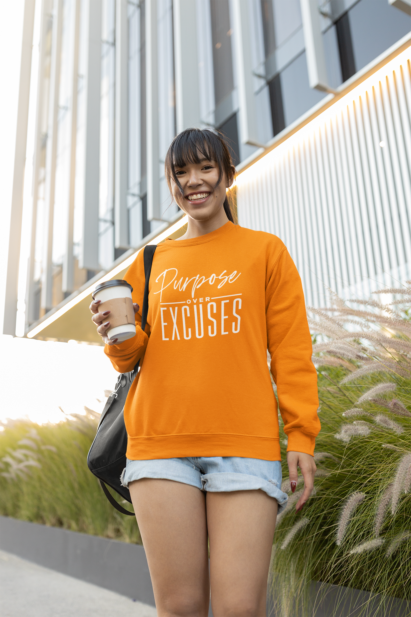 PURPOSE OVER EXCUSES ADULT SWEATSHIRT SAFETY ORANGE