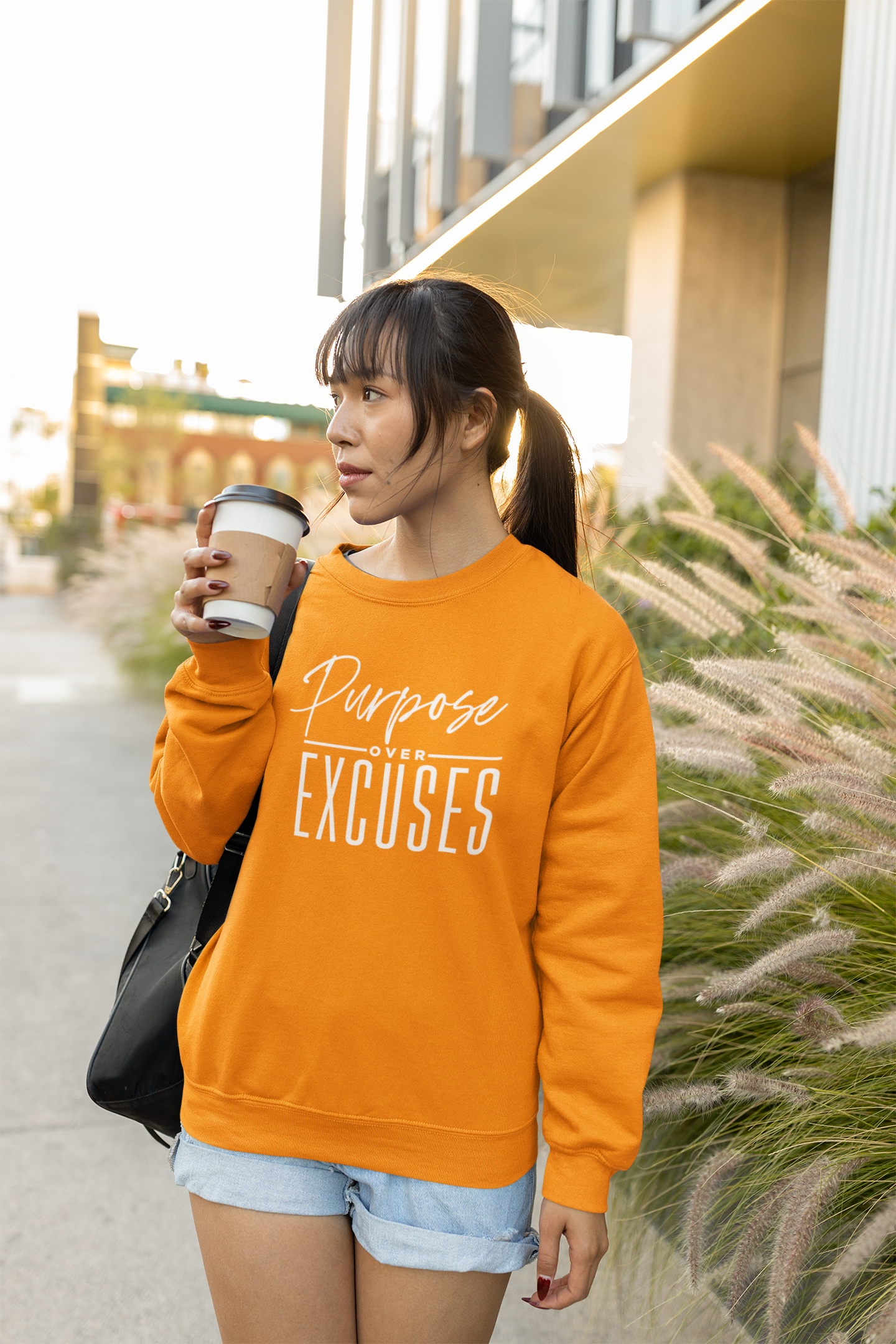 PURPOSE OVER EXCUSES ADULT SWEATSHIRT SAFETY ORANGE